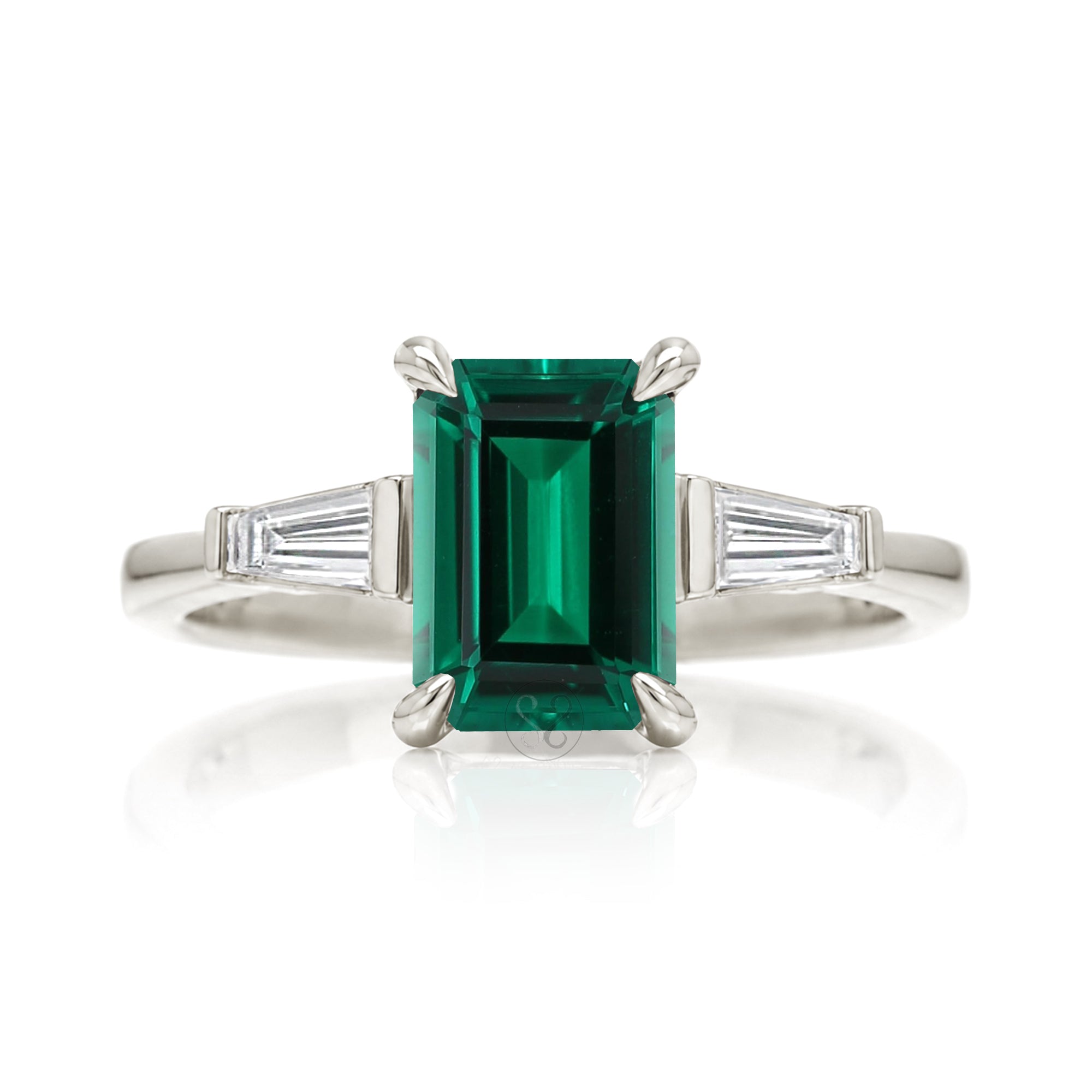 Emerald Step Cut Green Emerald Ring Three Stone Engagement Ring White Gold
