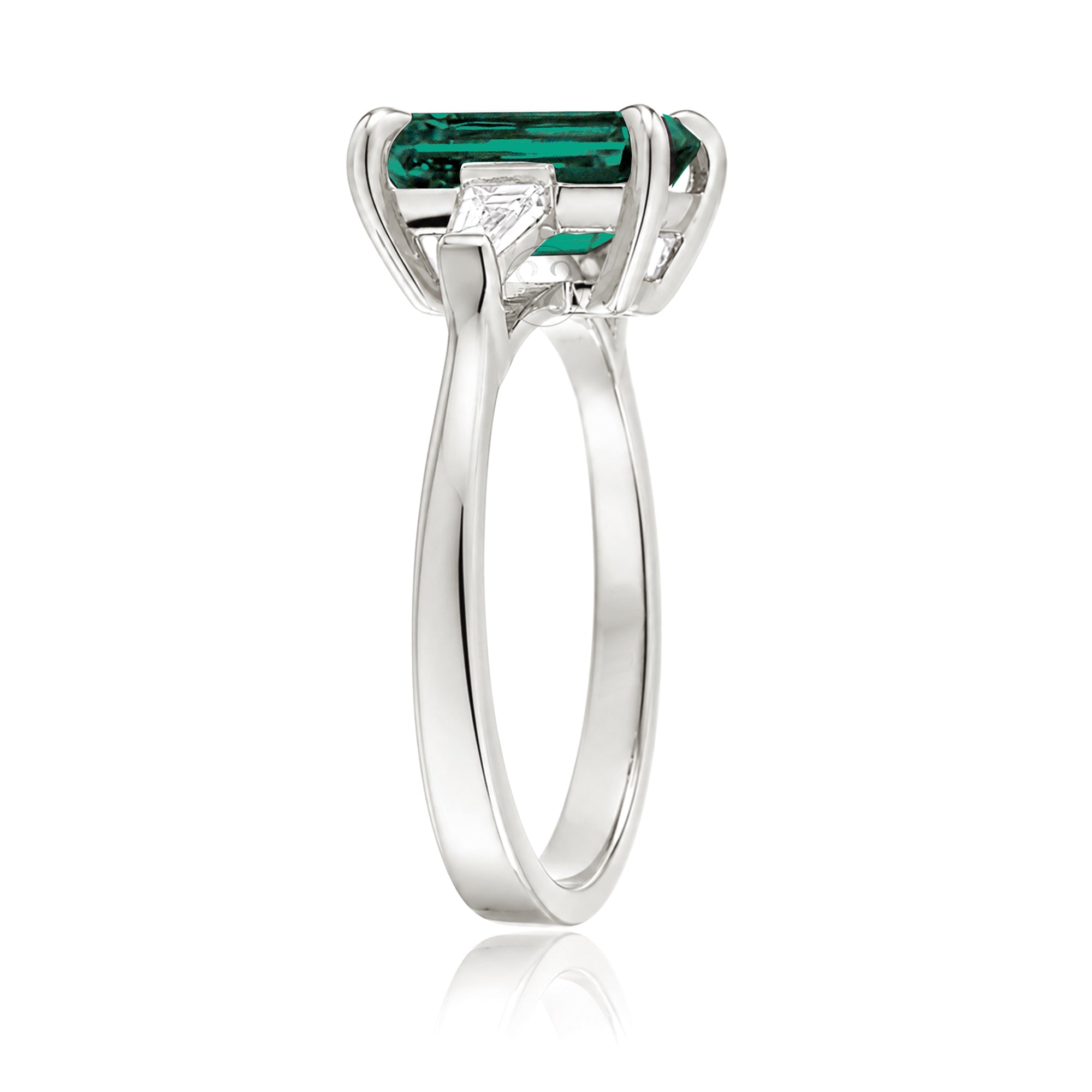 Emerald Step Cut Green Emerald Ring Three Stone Engagement Ring White Gold