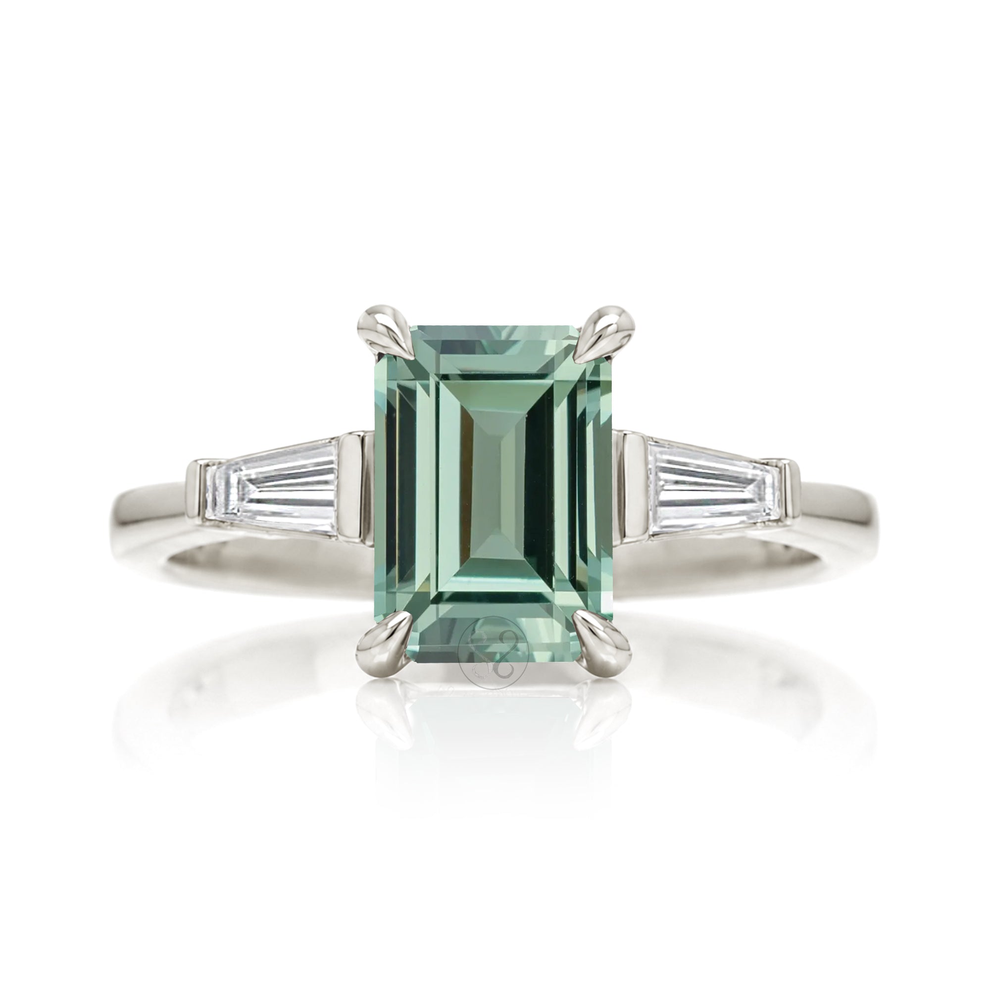 Emerald Step Cut Green Sapphire Three Stone Baguette Ring White Gold