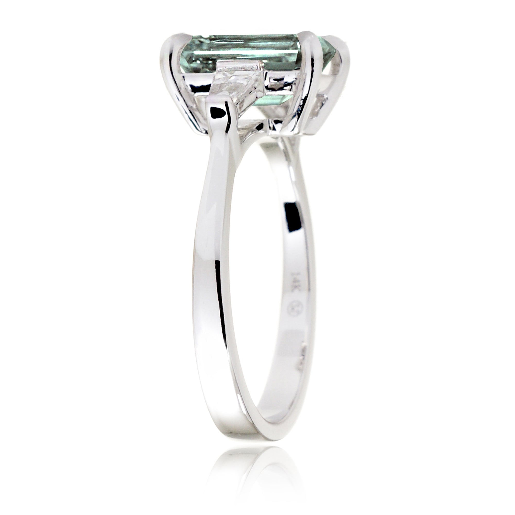 Emerald Step Cut Green Sapphire Three Stone Baguette Ring White Gold