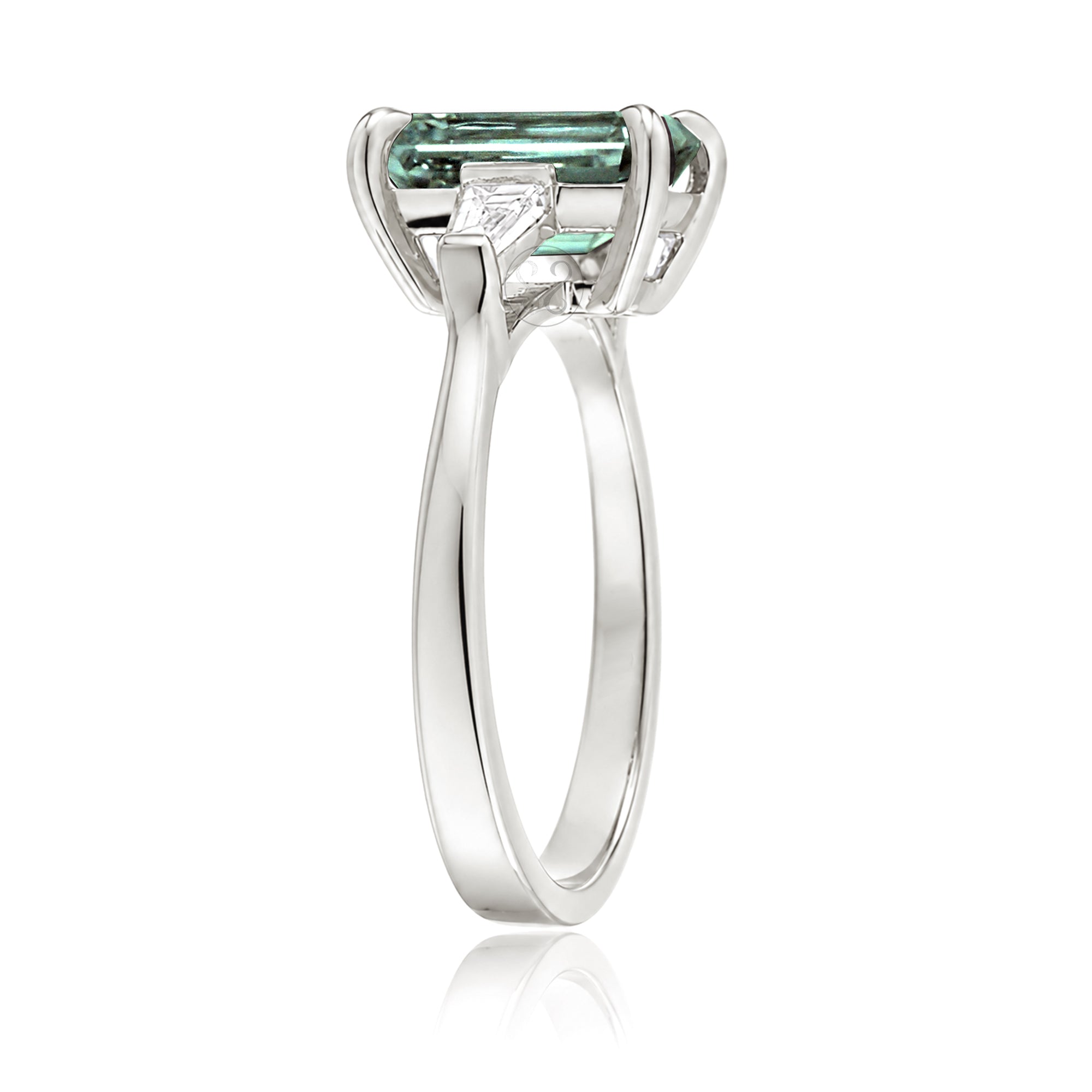 Emerald Step Cut Green Sapphire Three Stone Baguette Ring White Gold
