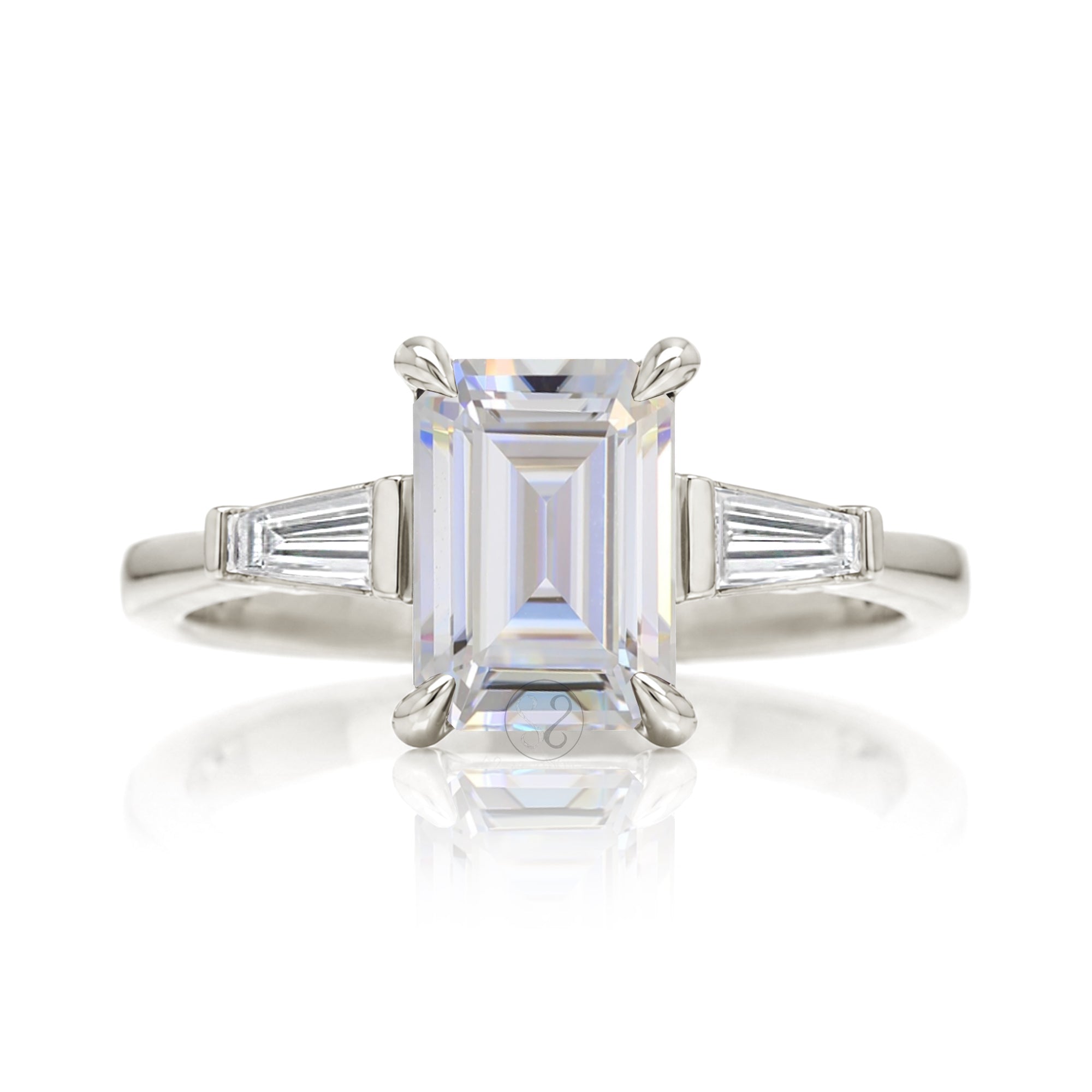 Emerald Step Cut Moissanite Three Stone Baguette Ring White Gold