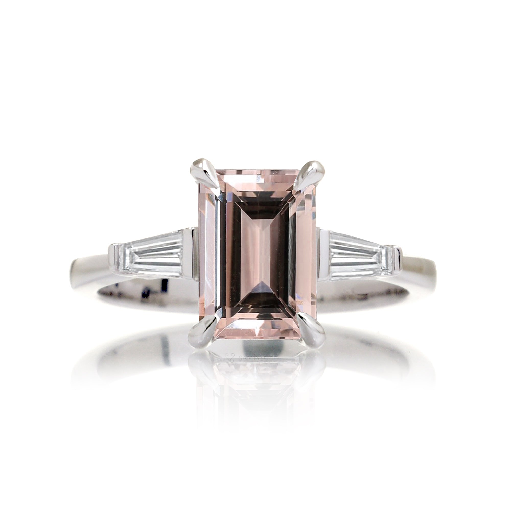 Emerald Step Cut Morganite Ring Baguette Three Stone Ring White Gold