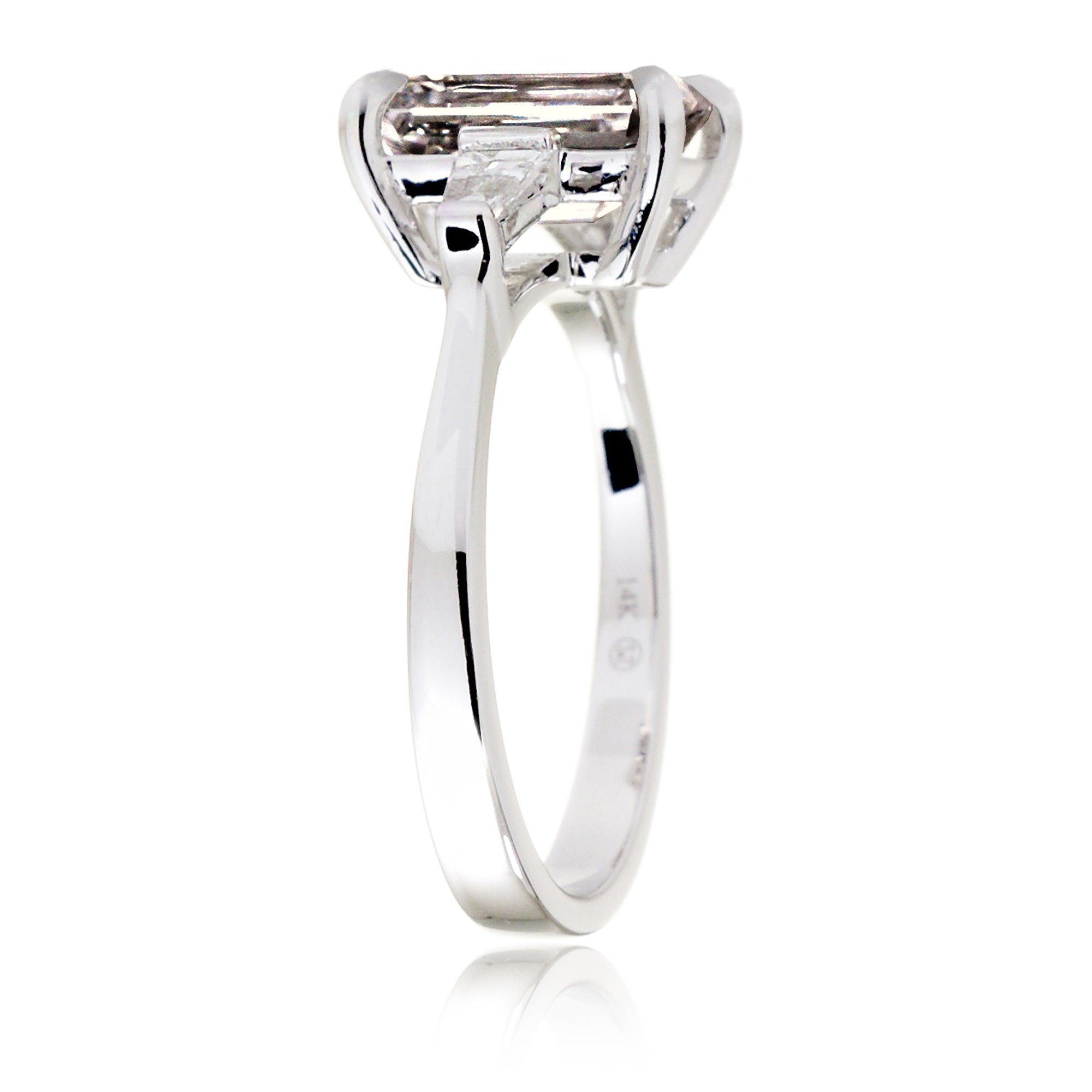 Emerald Step Cut Morganite Ring Baguette Three Stone Ring White Gold