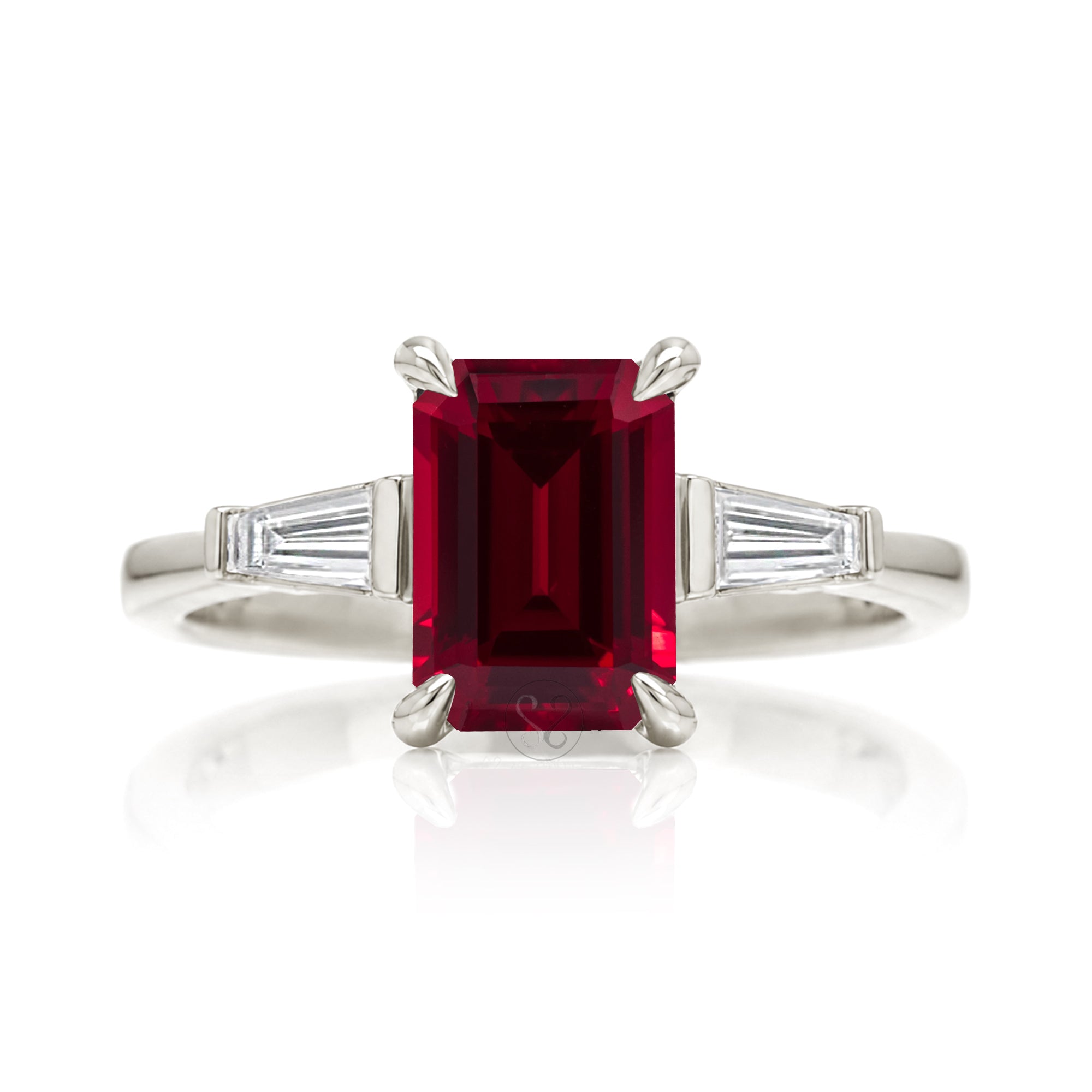Emerald Step Cut Ruby Three Stone Baguette Ring White Gold