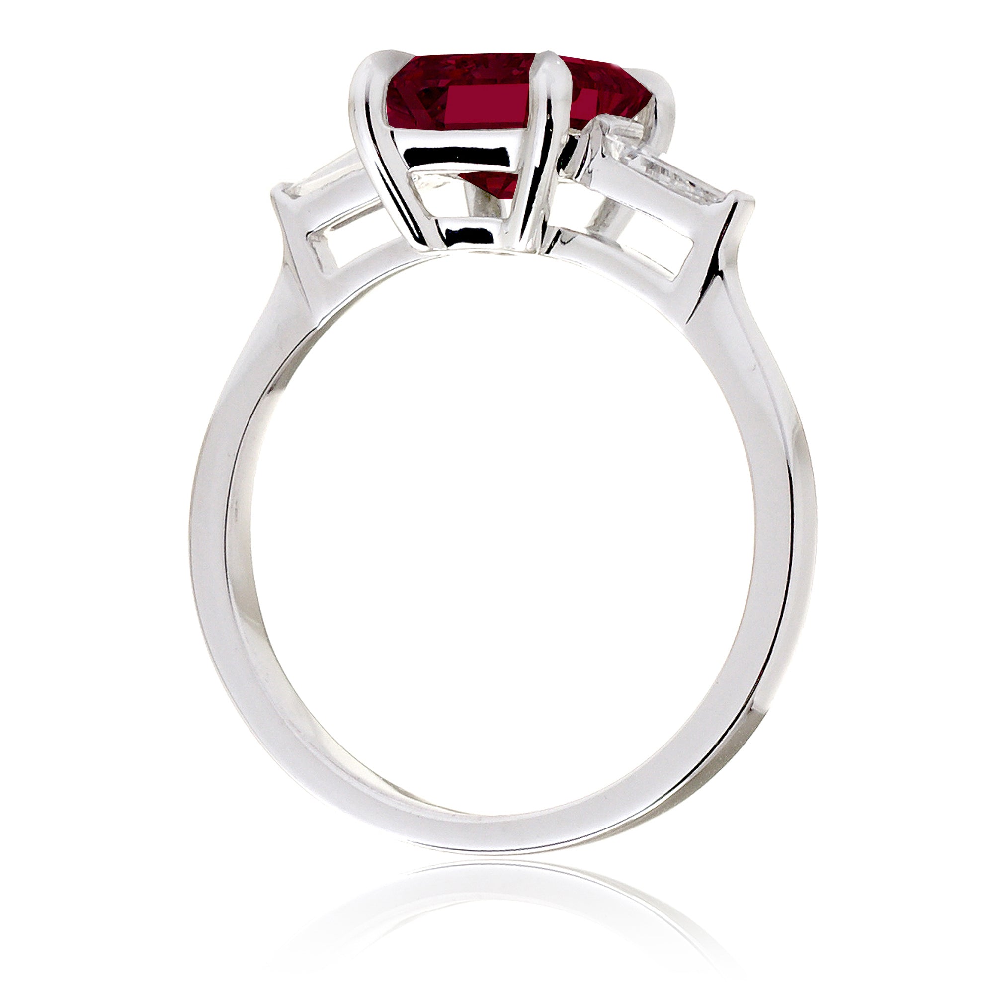 Emerald Step Cut Ruby Three Stone Baguette Ring White Gold