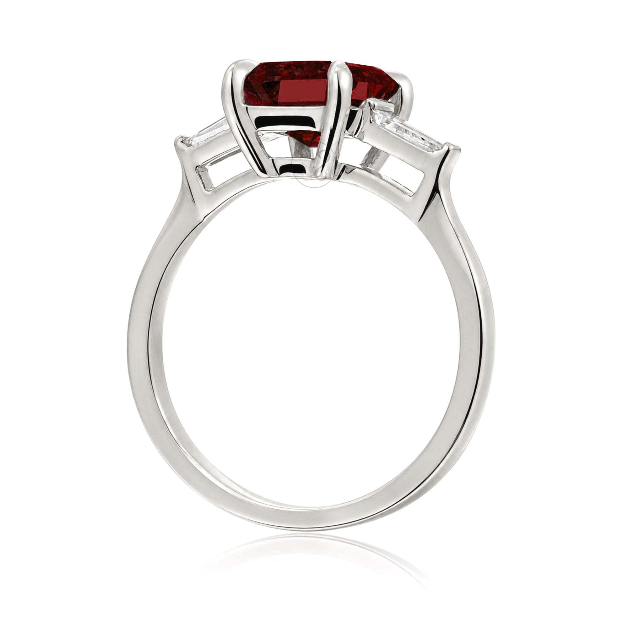 Emerald Step Cut Ruby Three Stone Baguette Ring White Gold