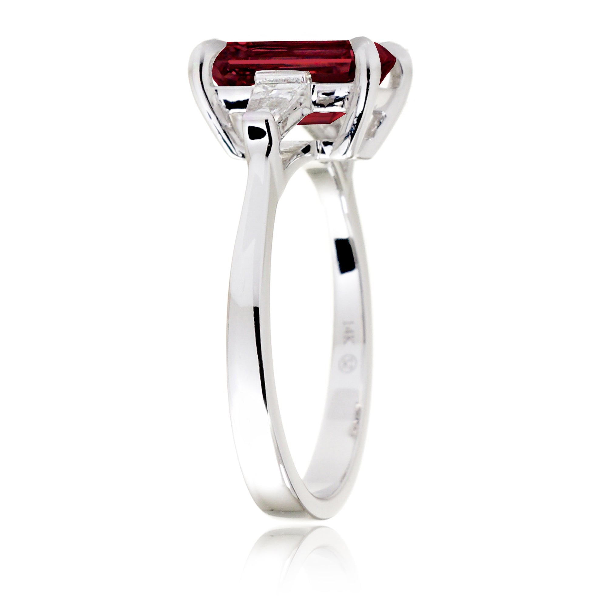 Emerald Step Cut Ruby Three Stone Baguette Ring White Gold