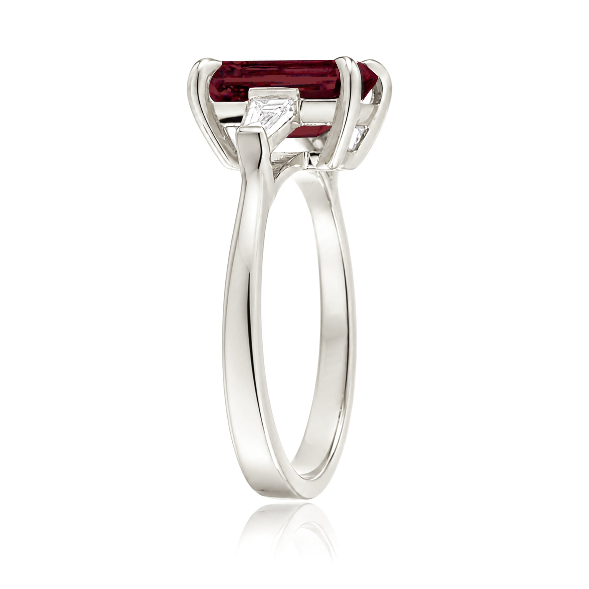 Emerald Step Cut Ruby Three Stone Baguette Ring White Gold
