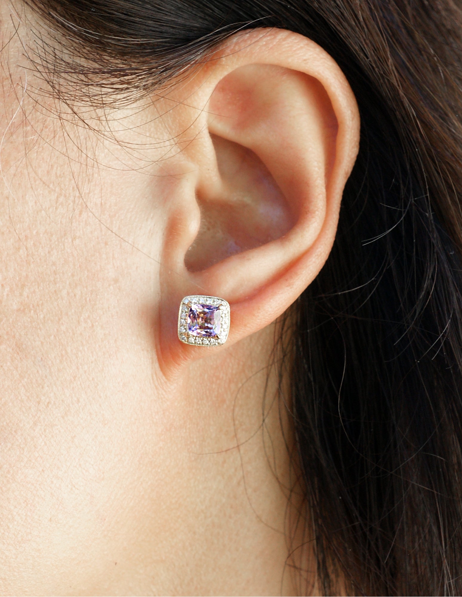 Amethyst Studs Cushion Diamond Halo