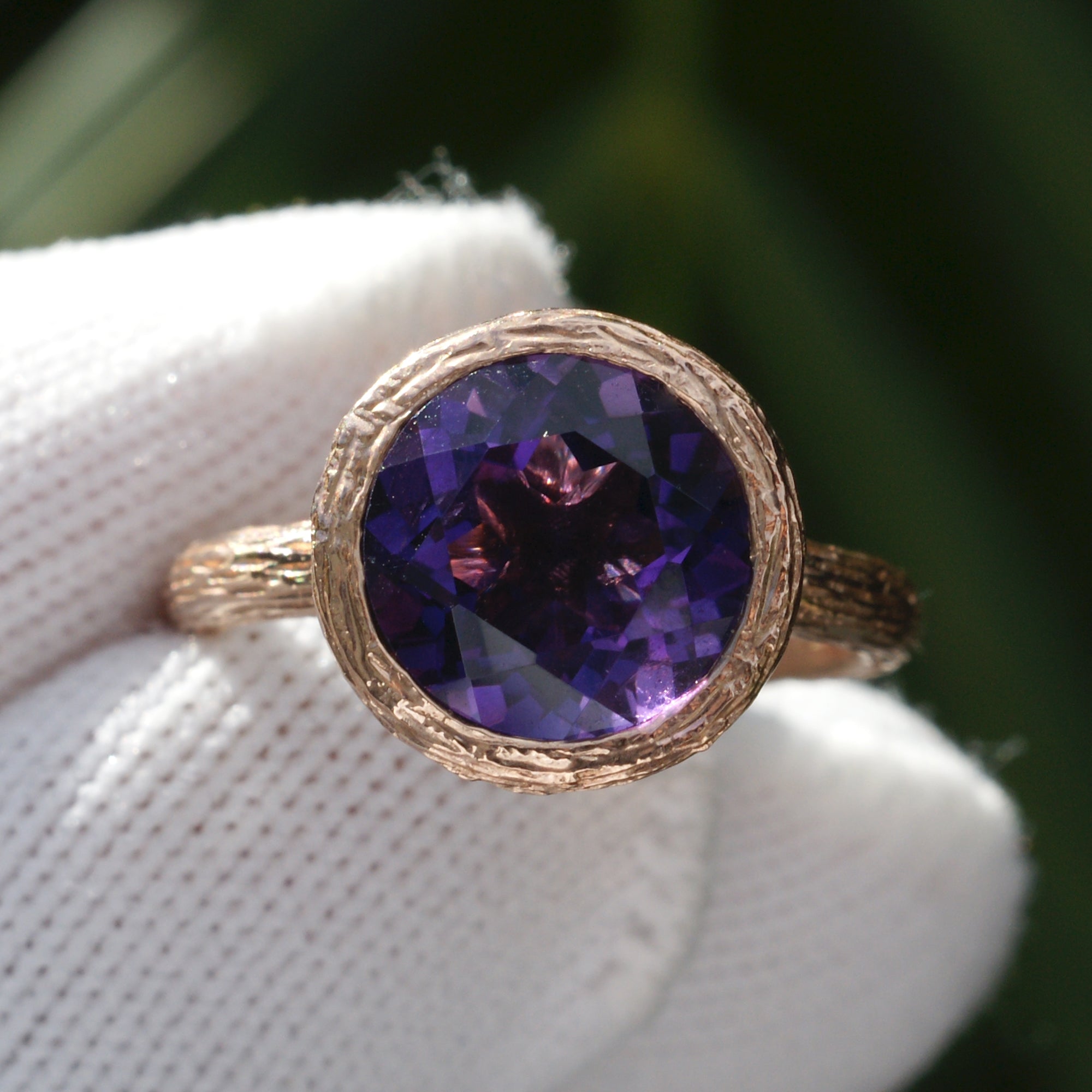 Solitaire amethyst bezel wood twig rose gold ring