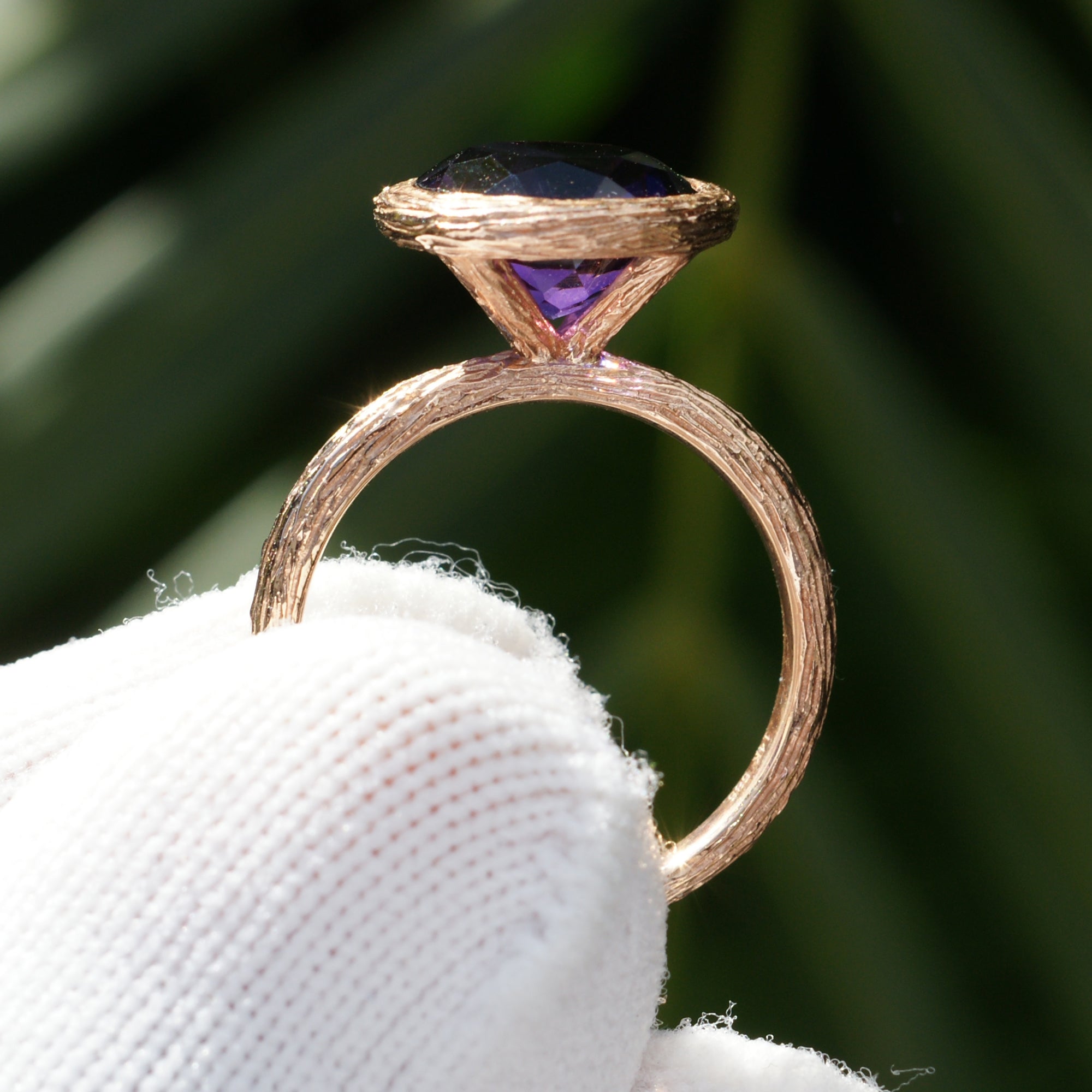 Solitaire amethyst bezel wood twig rose gold ring