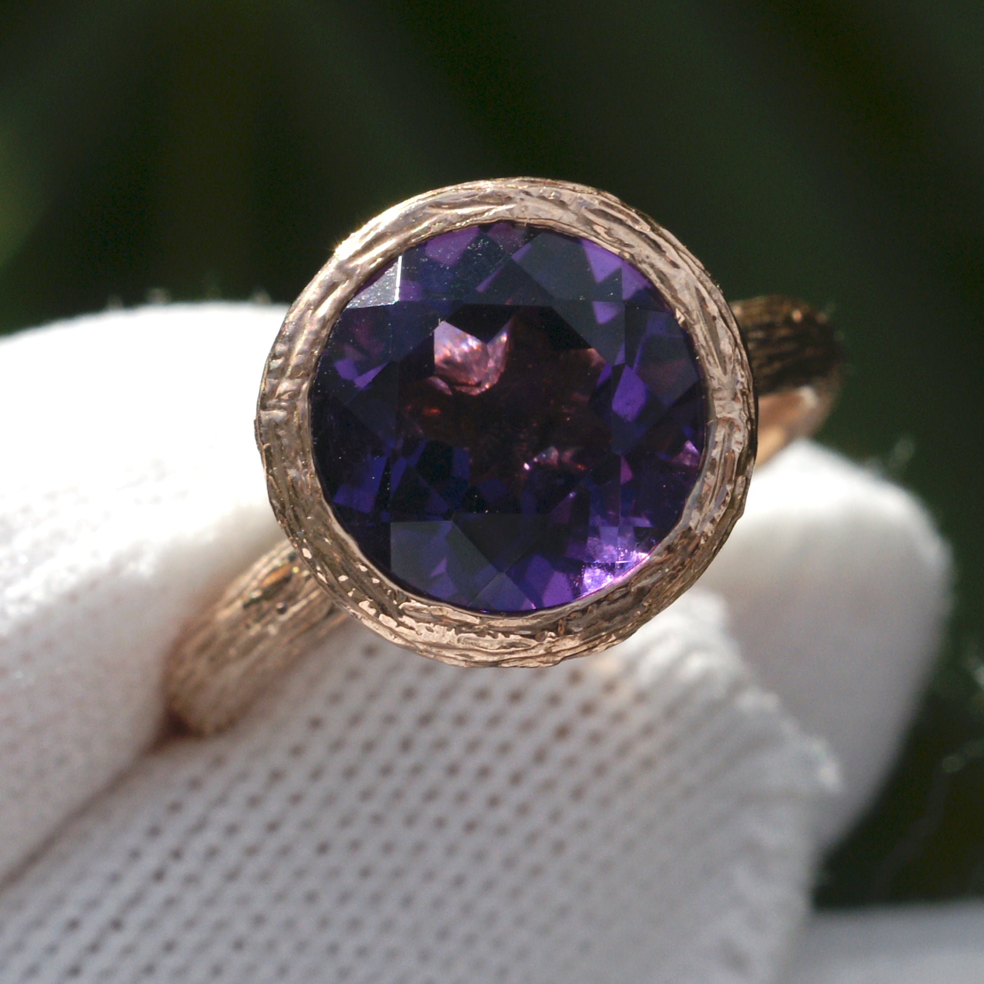 Solitaire amethyst bezel wood twig rose gold ring