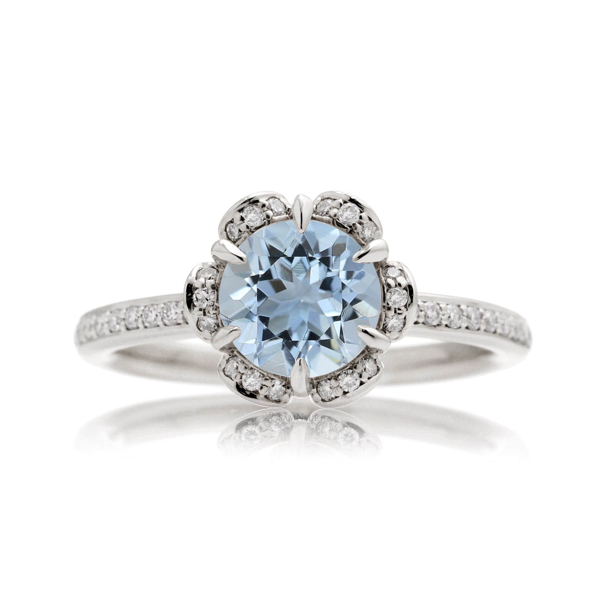 Aquamarine Engagement Ring Flower Diamond Halo Comfort fit Band