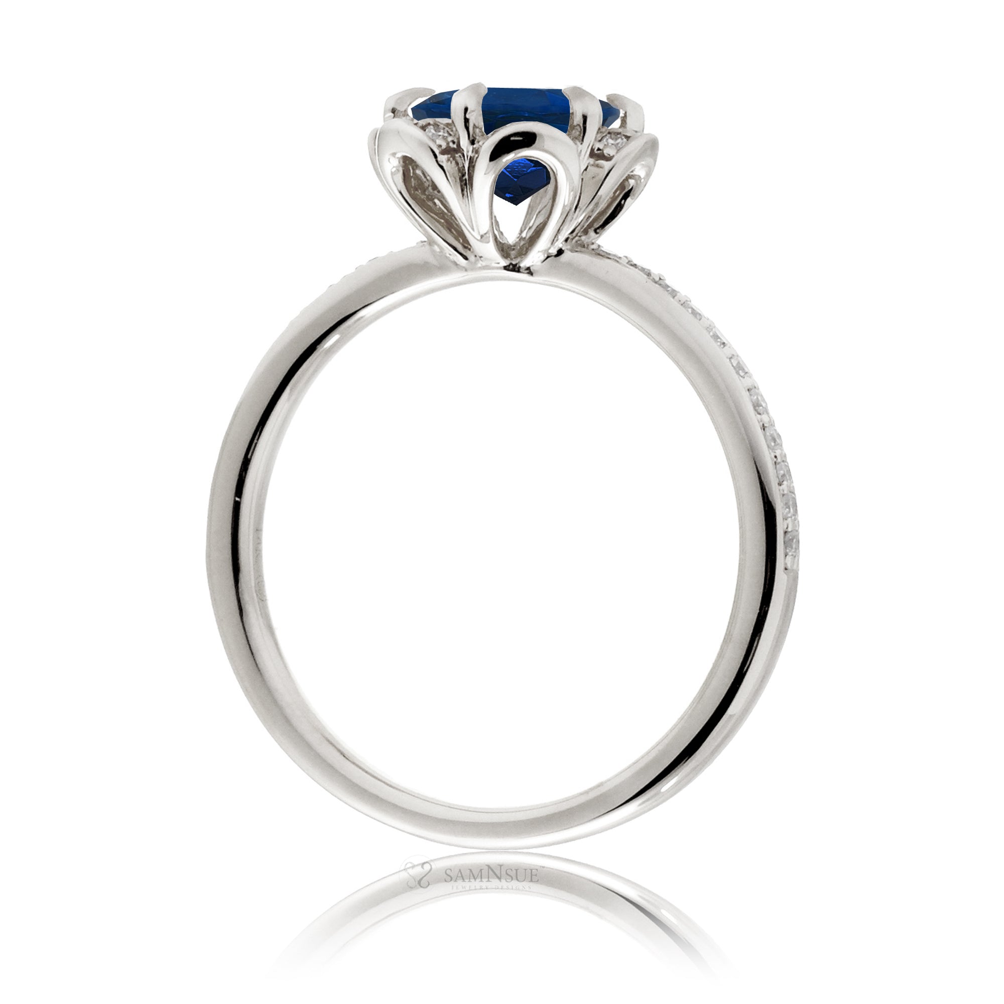Sapphire ring diamond flower basket engagement ring white gold