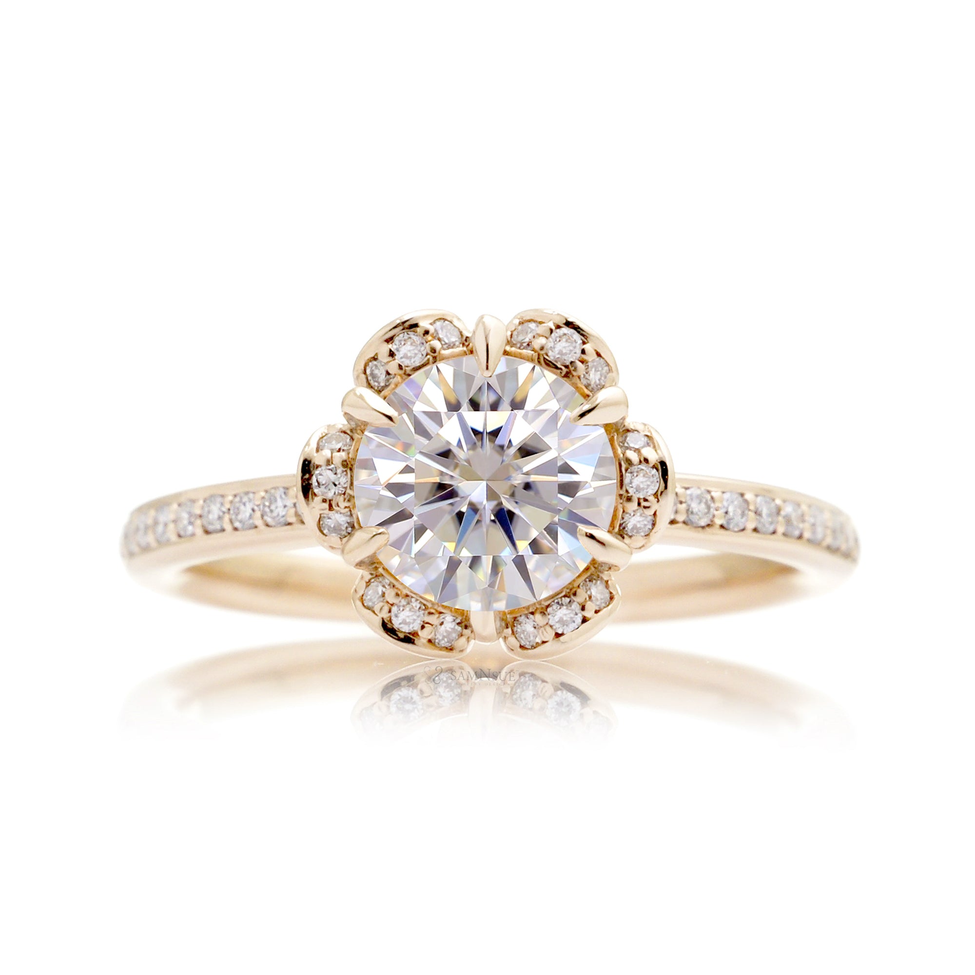 Flower design diamond engagement ring yellow gold