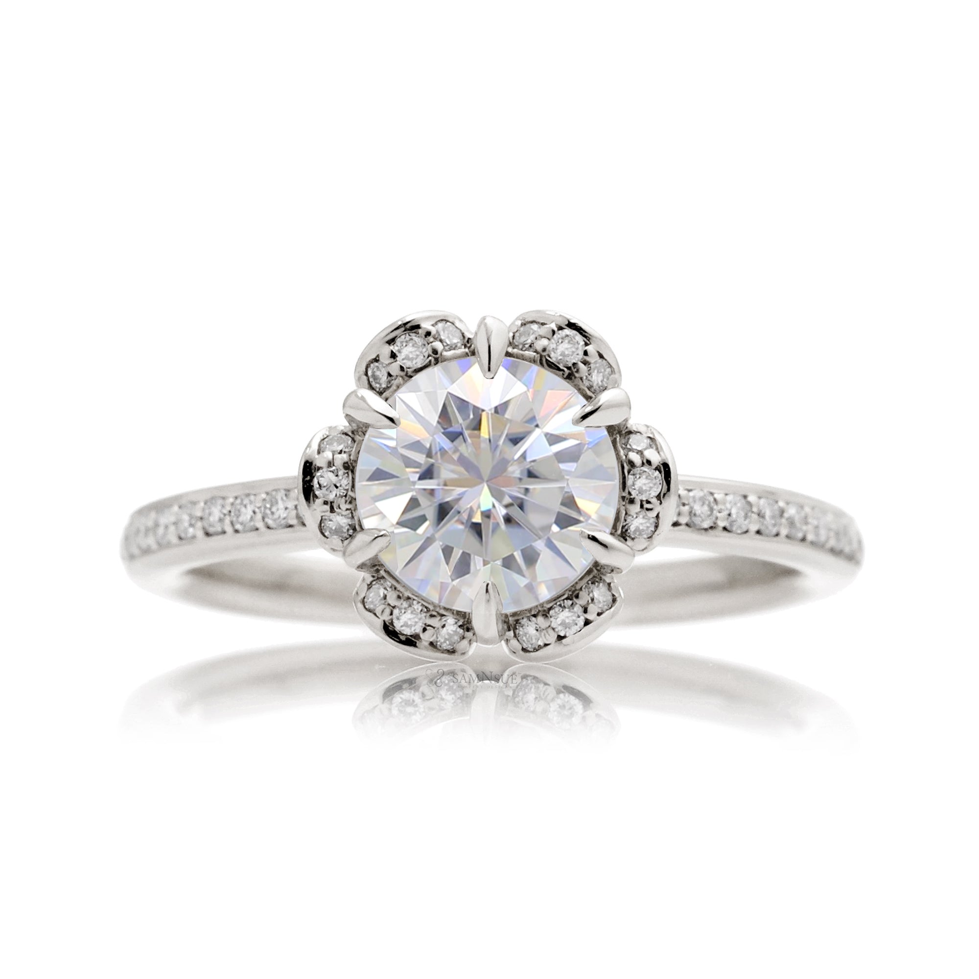 Round moissanite floral engagement ring white gold