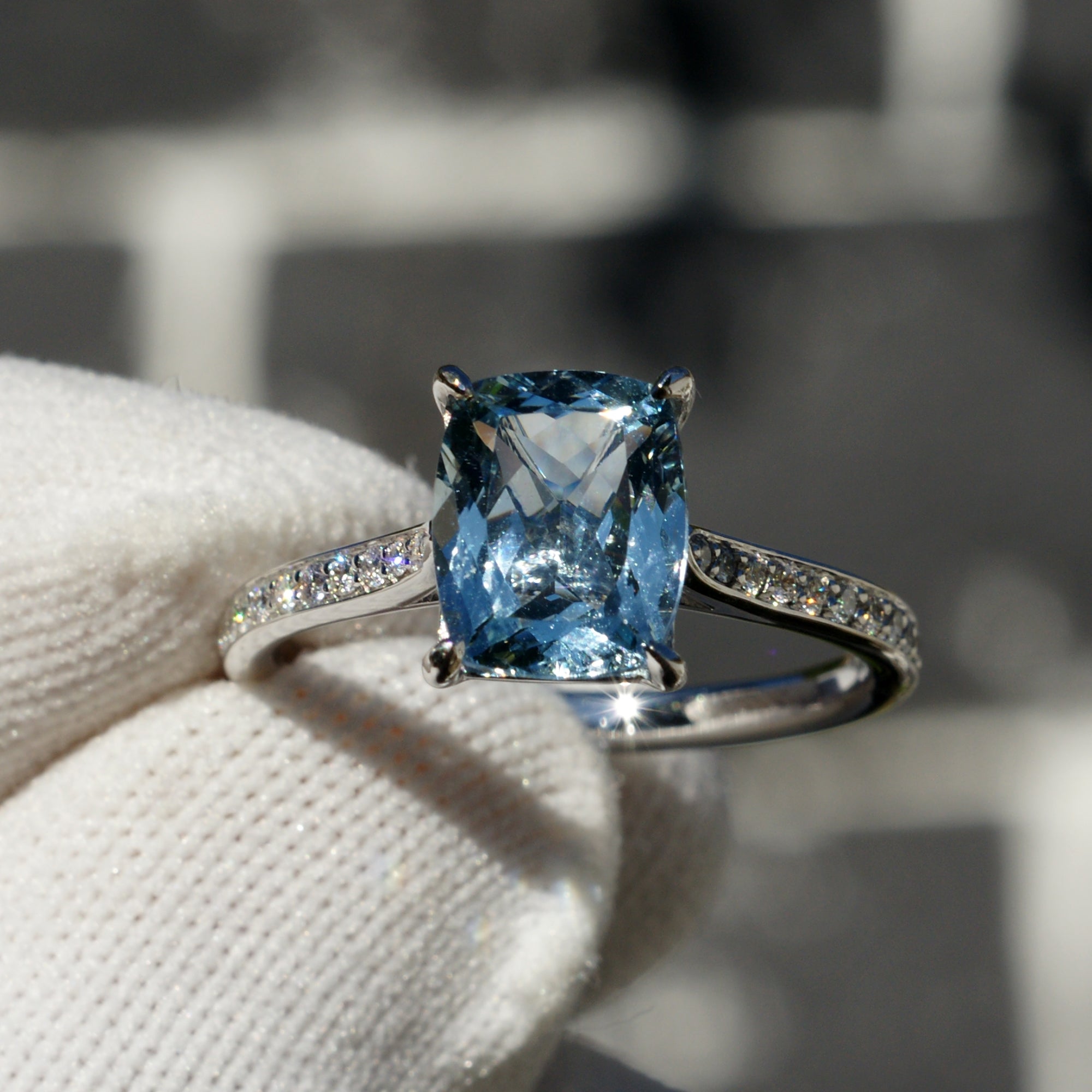 The Emily Cushion Aquamarine Ring 10x8mm 18k White Gold