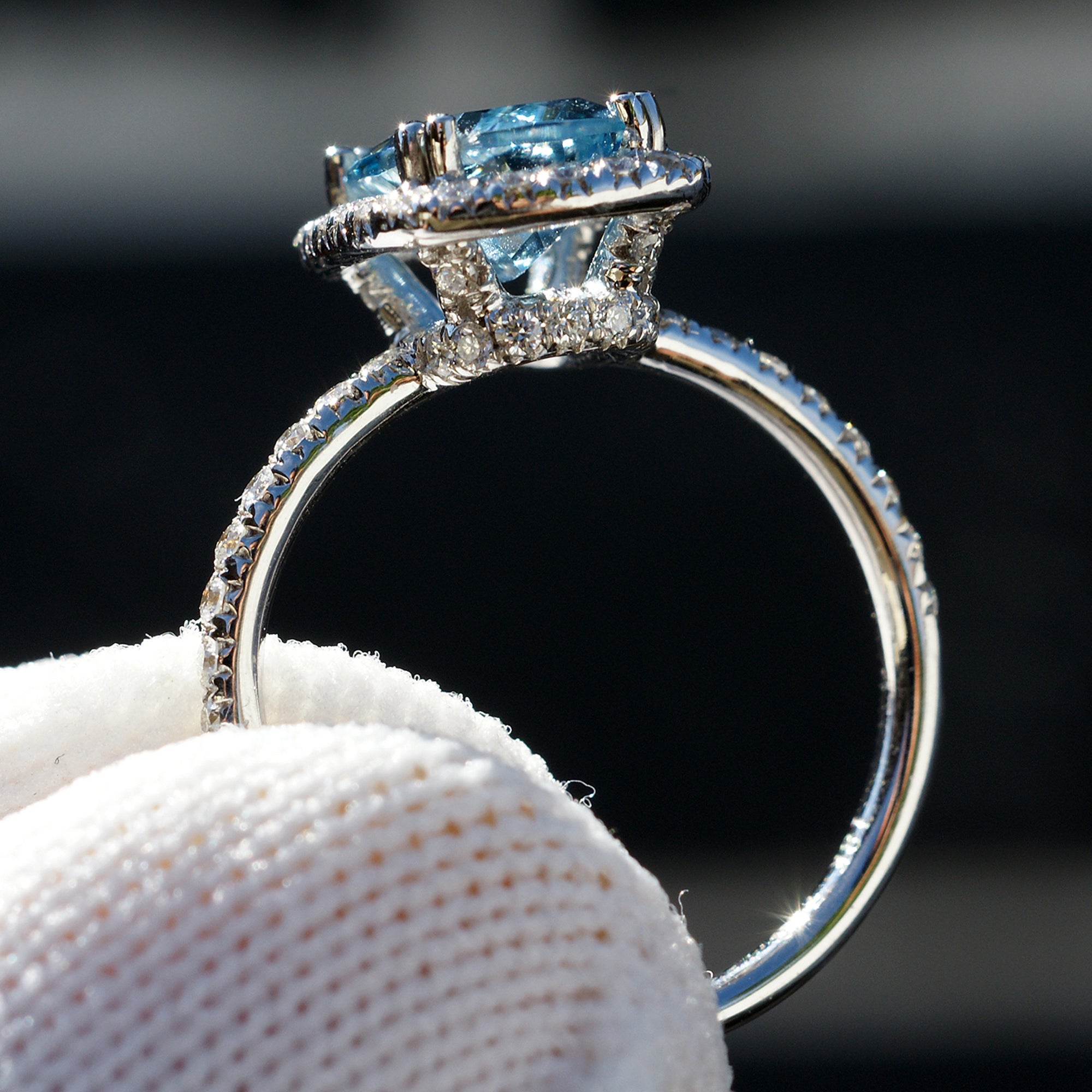 Cushion aquamarine diamond halo and band engagement ring - the Drenched