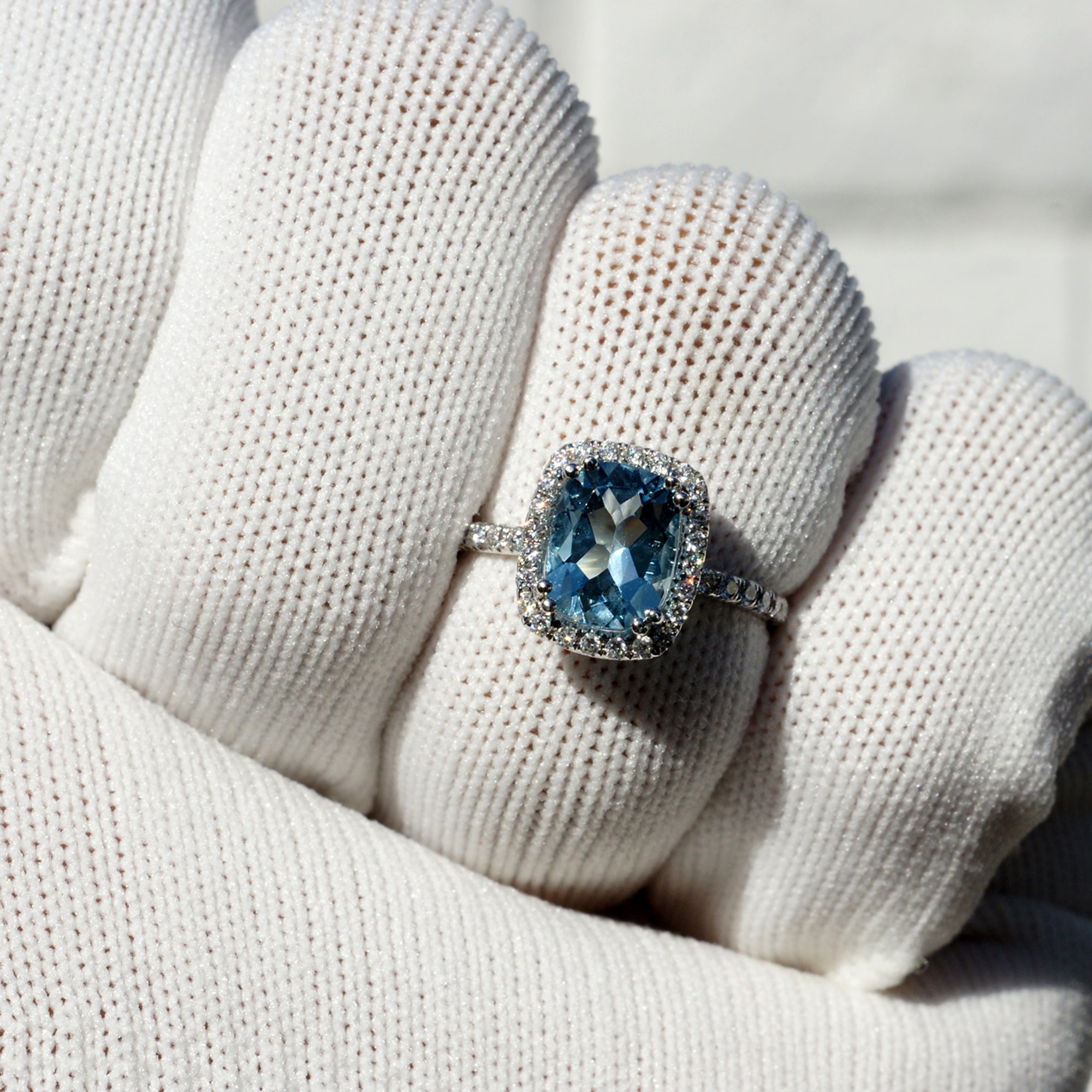 Cushion aquamarine diamond halo and band engagement ring - the Drenched
