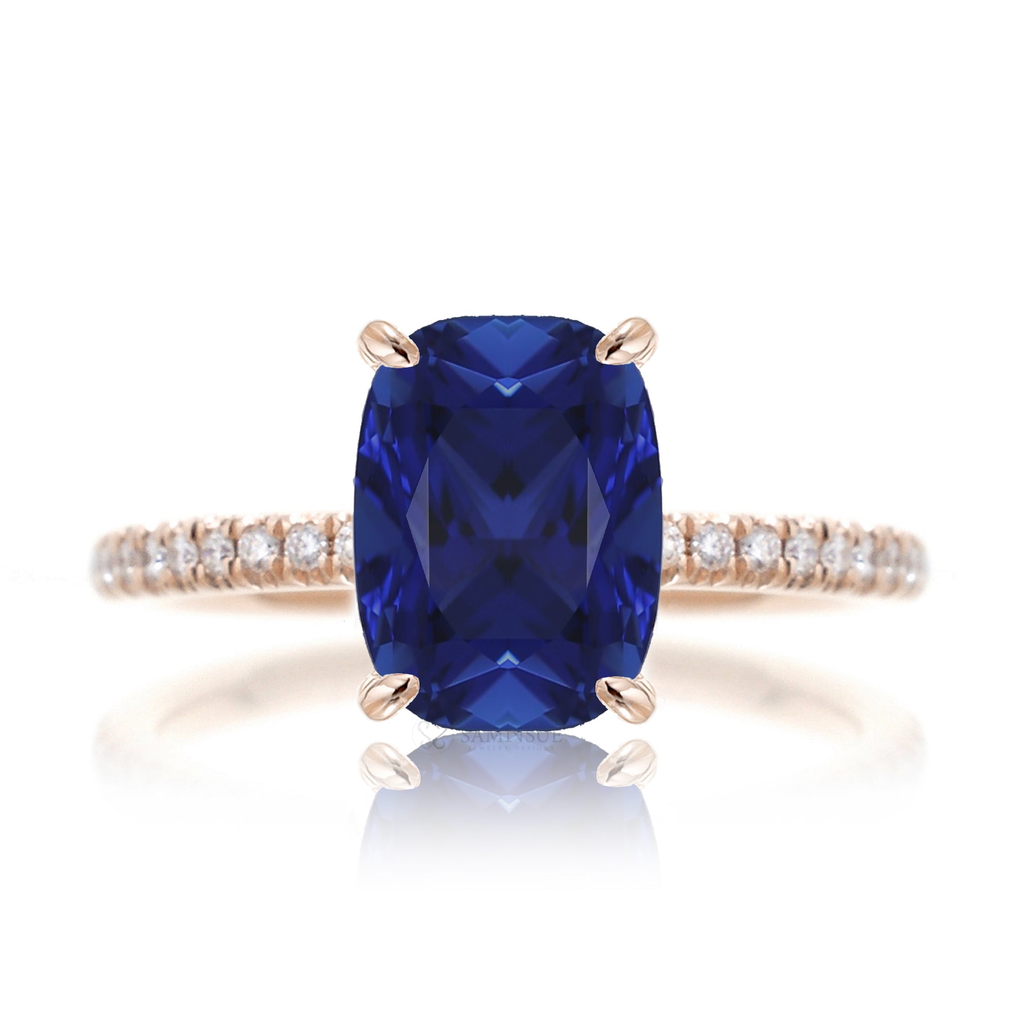 Cushion cut blue sapphire diamond engagement ring rose gold - the Ava