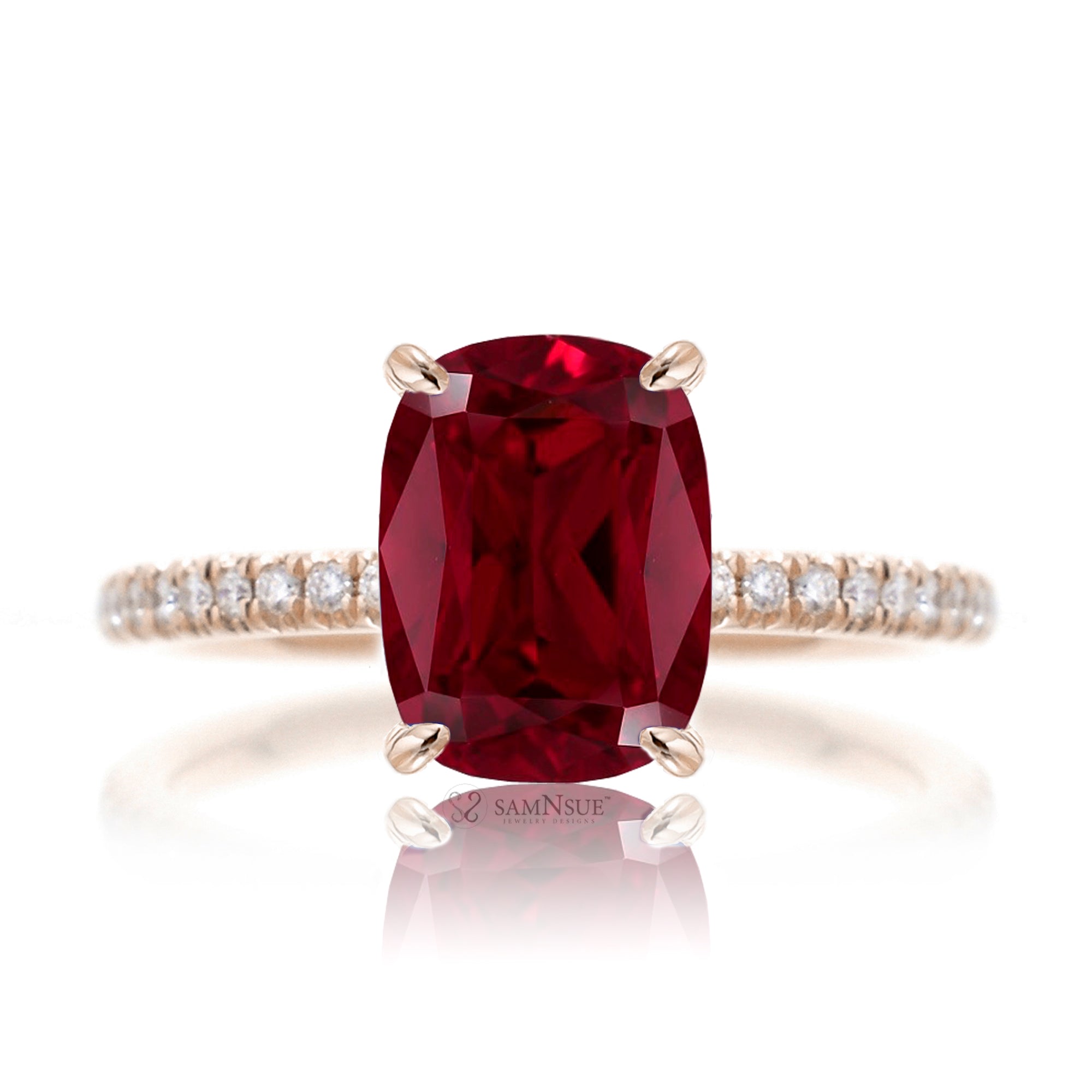 Cushion cut ruby diamond engagement ring rose gold - the Ava