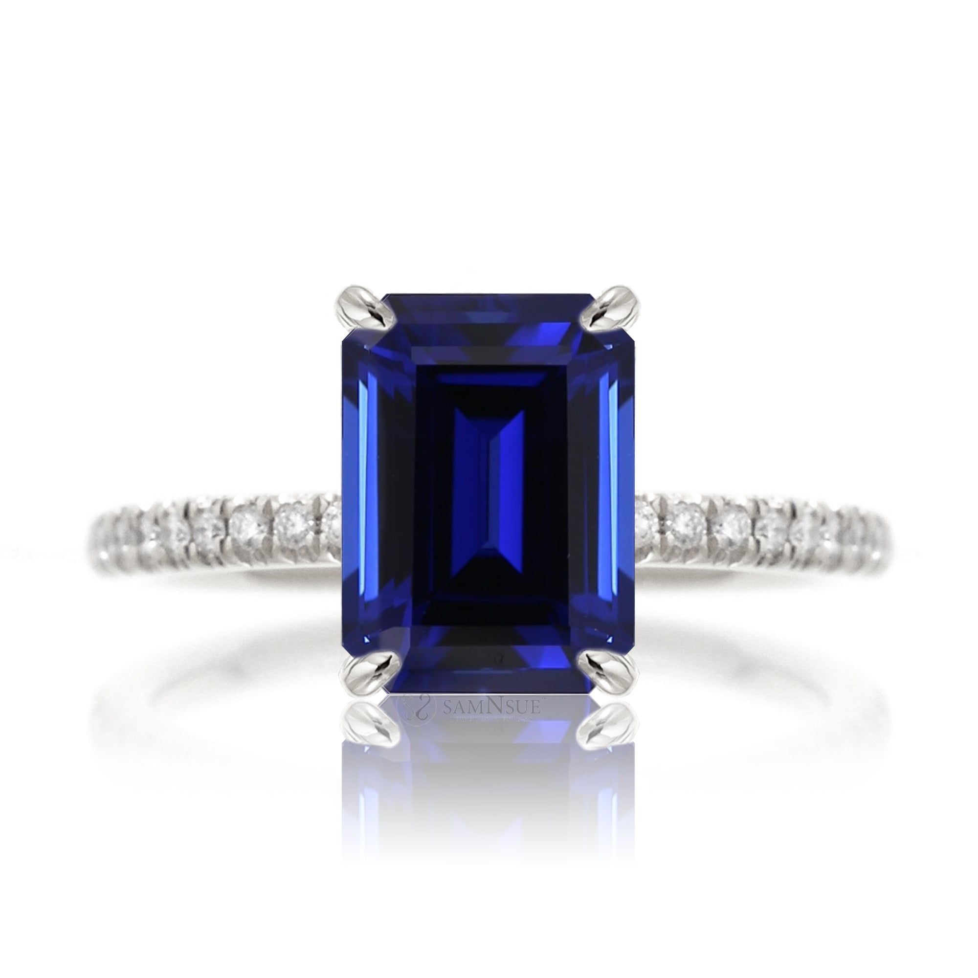 Emerald cut blue sapphire diamond engagement ring white gold - the Ava
