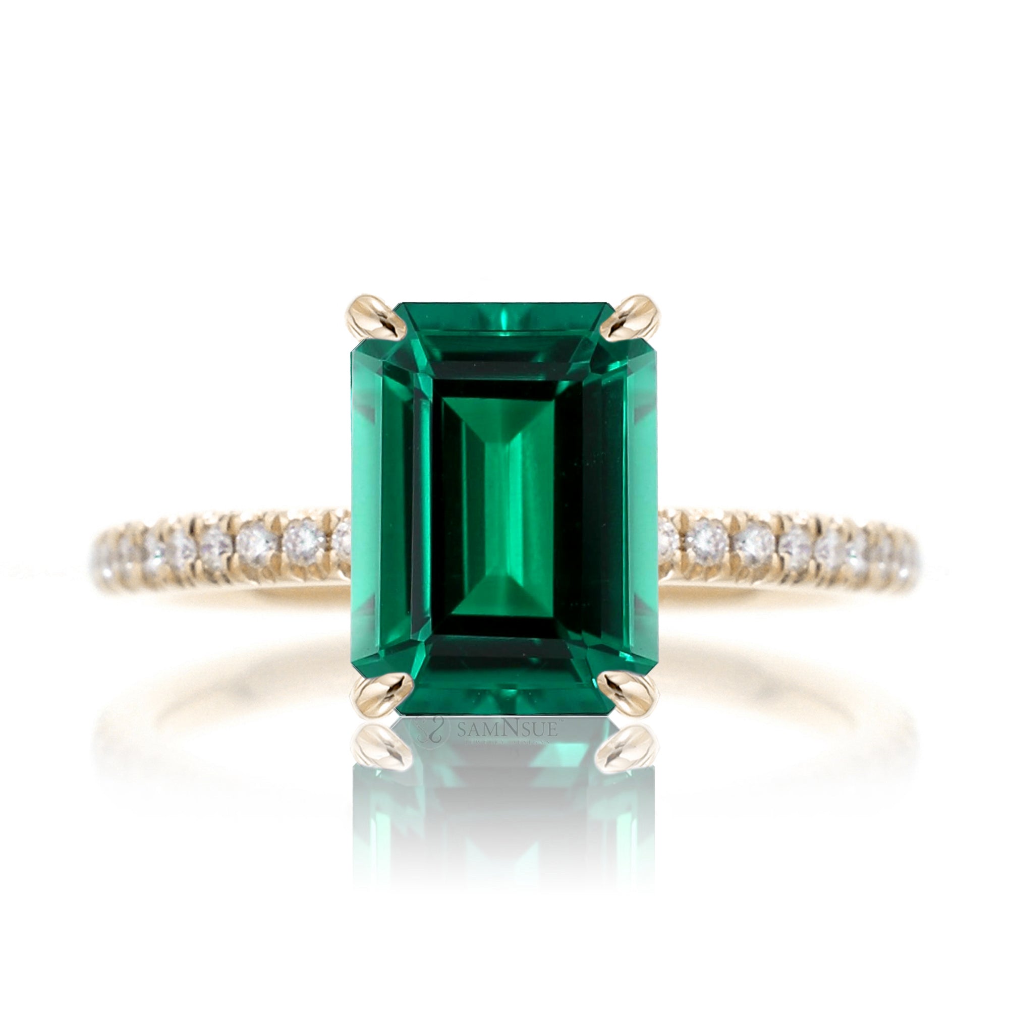 Step cut green emerald diamond band engagement ring yellow gold - the Ava