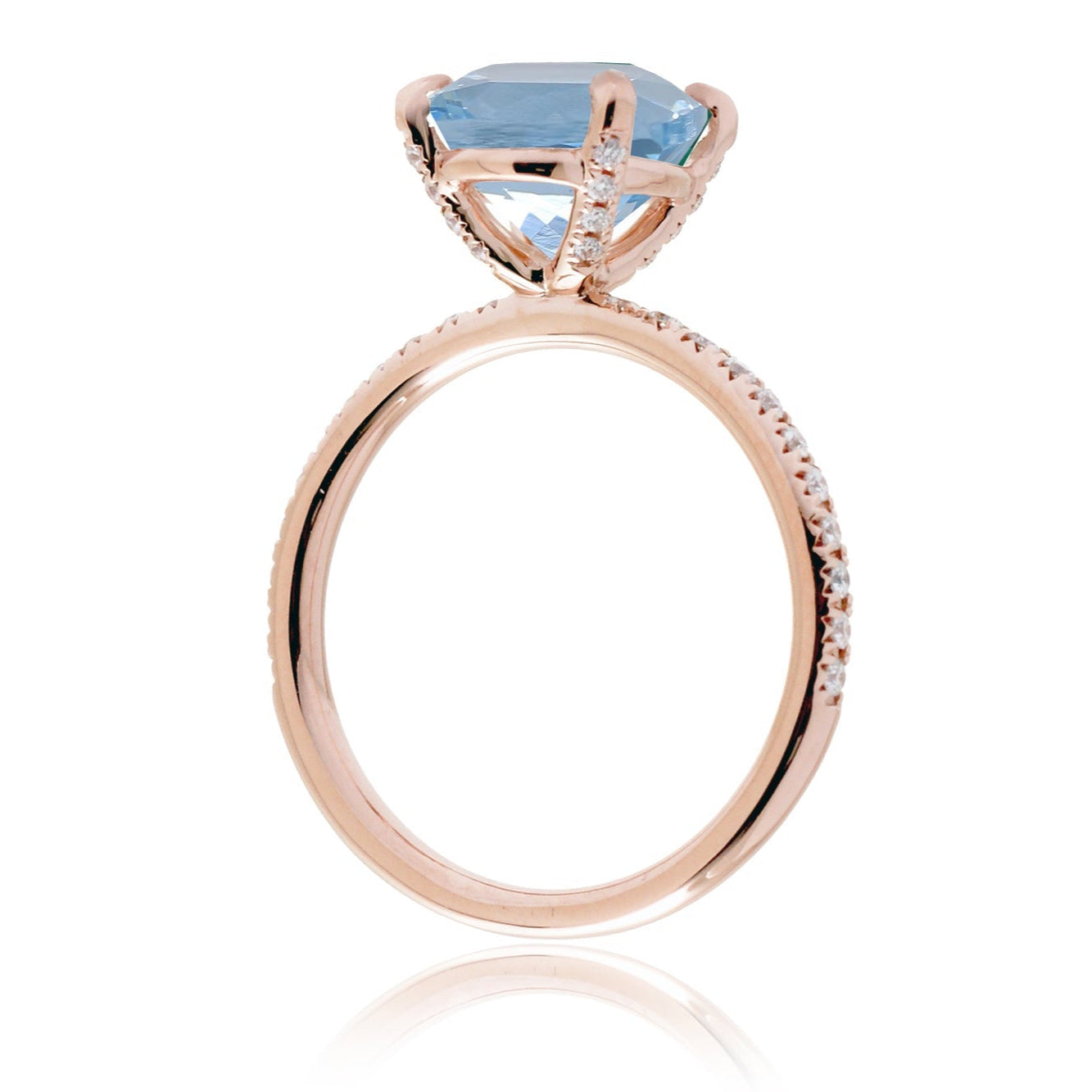 Round cut aquamarine diamond band engagement ring rose gold with diamonds on prongs