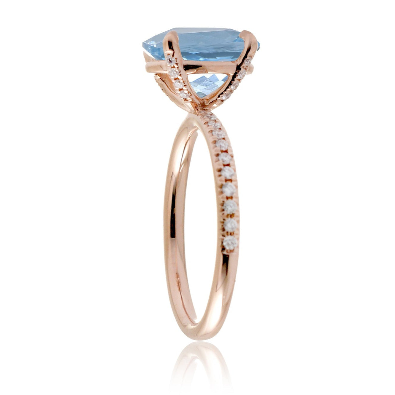 Round cut aquamarine diamond band engagement ring rose gold with diamonds on prongs