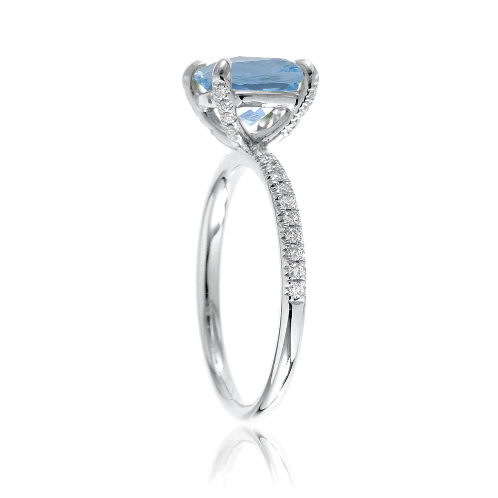 Round cut aquamarine diamond band engagement ring white gold with diamonds on prongs