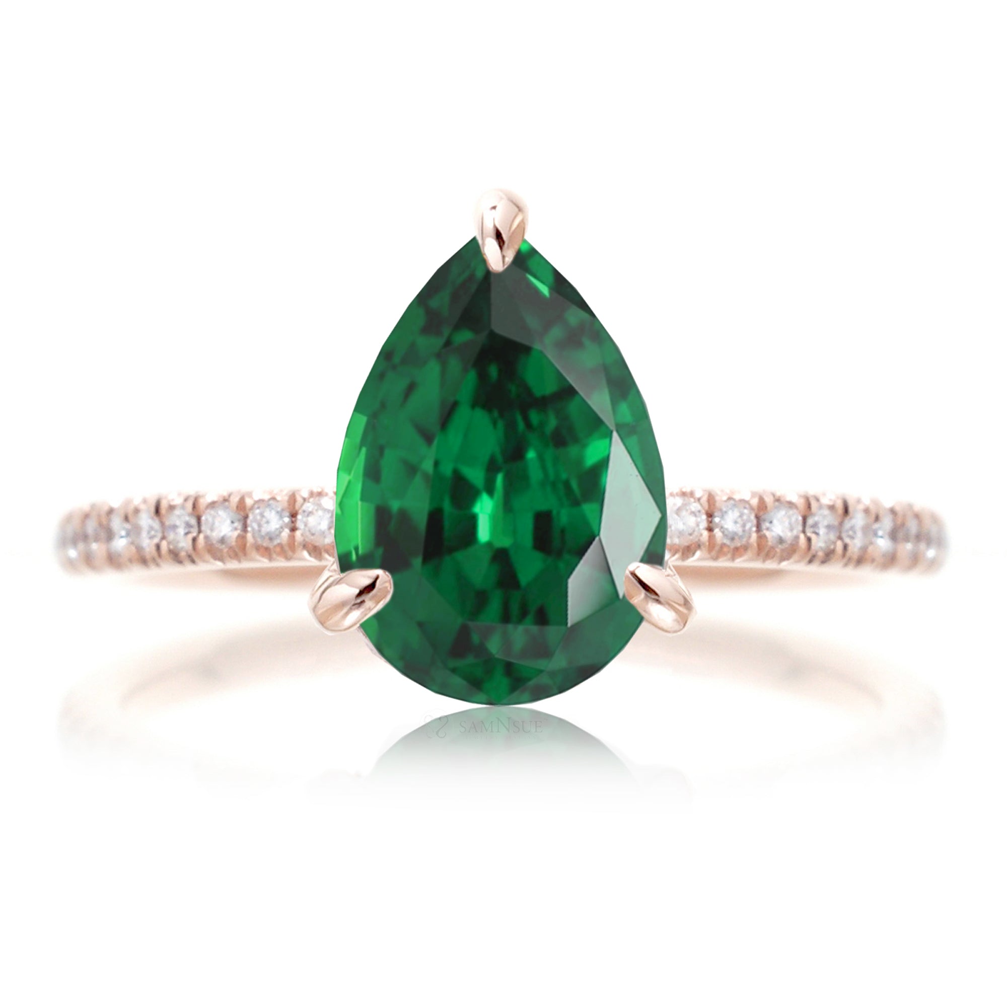 Pear green emerald diamond band engagement ring rose gold - the Ava