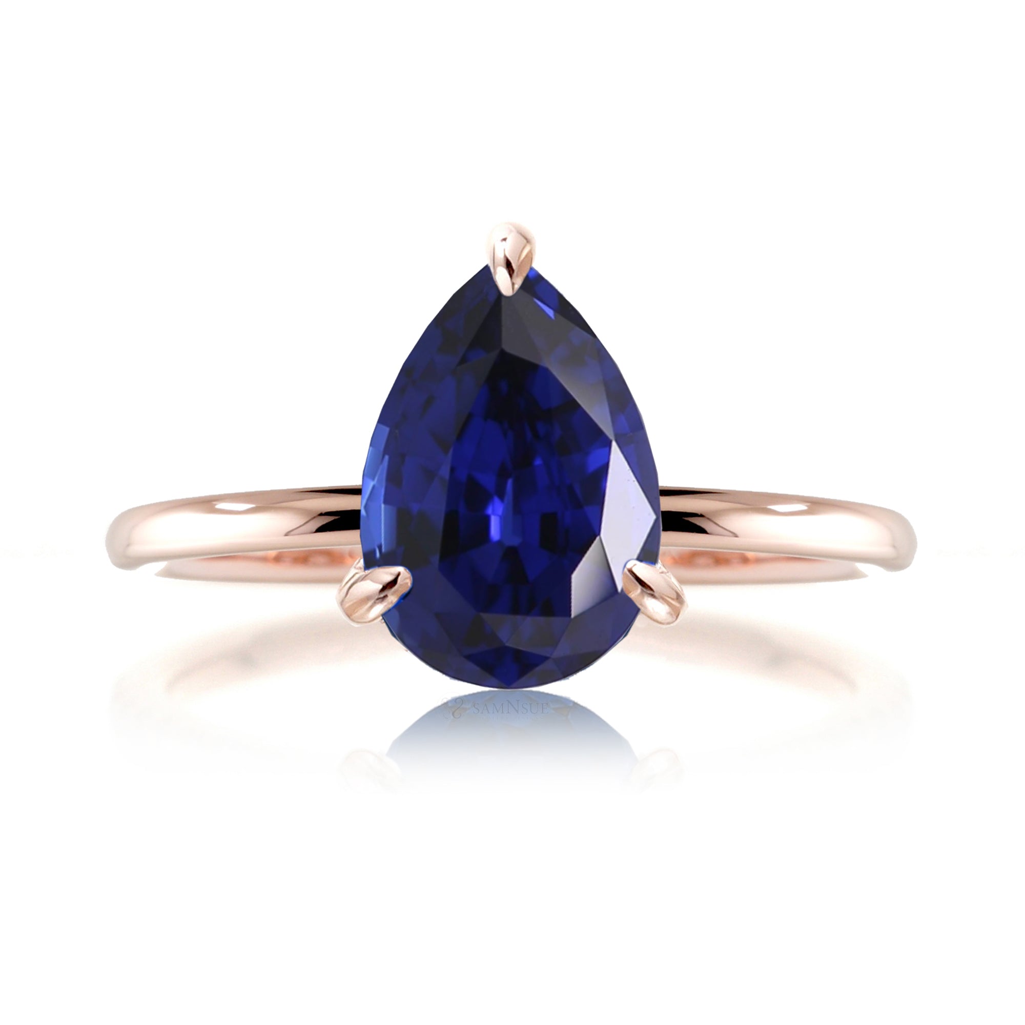 Pear cut blue sapphire solid band engagement ring rose gold - the Ava