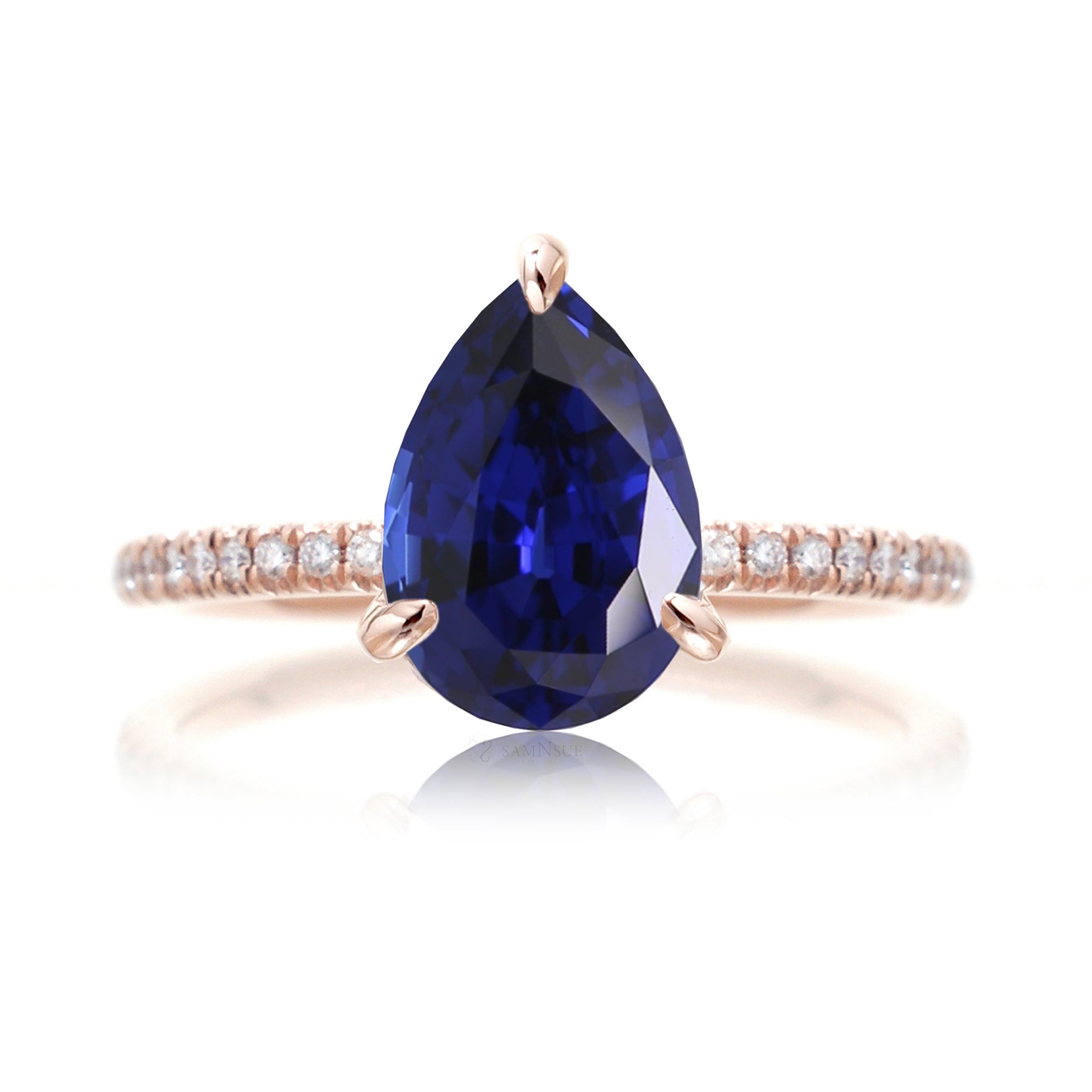 Pear cut blue sapphire diamond band engagement ring rose gold - the Ava