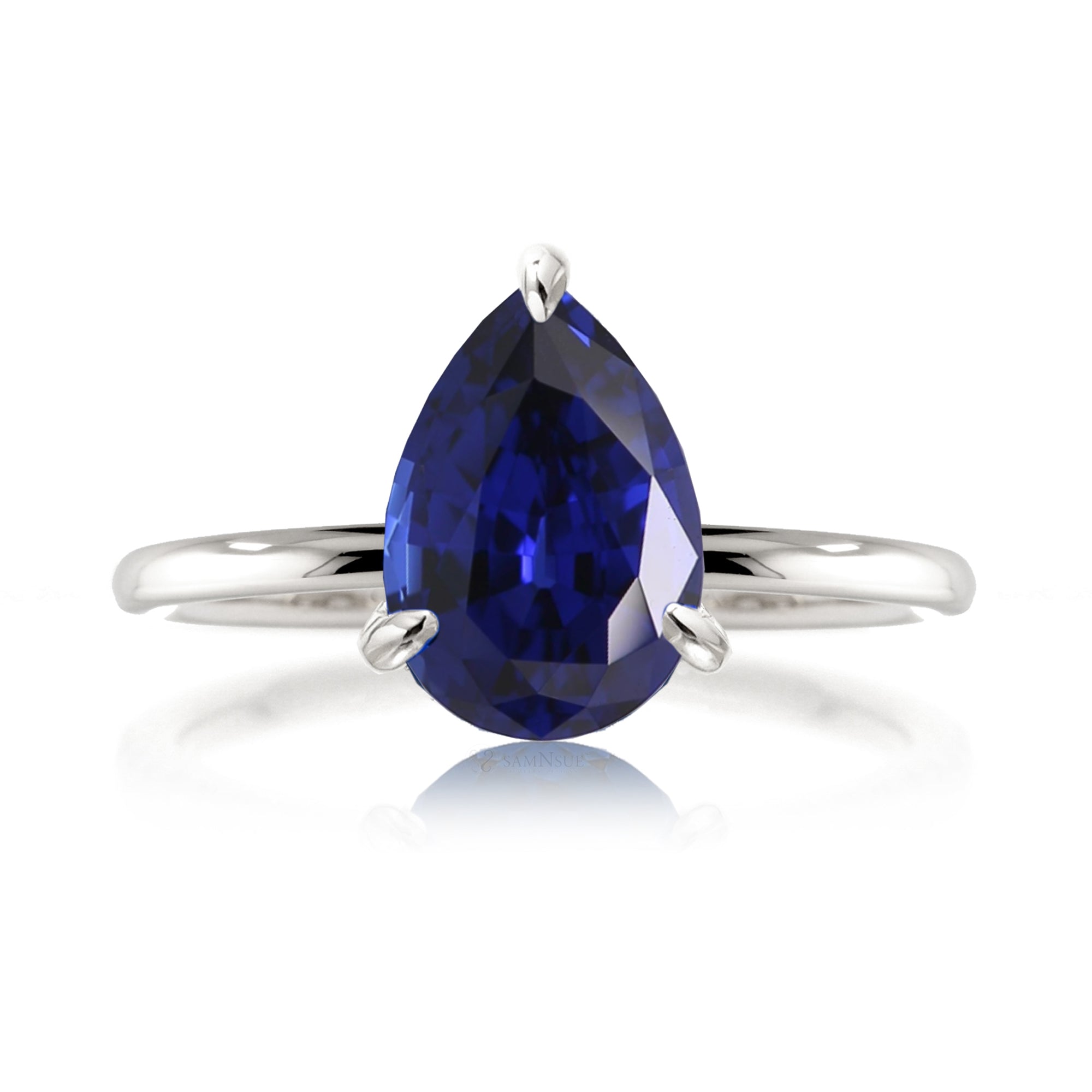 Pear cut blue sapphire solid band engagement ring white gold - the Ava