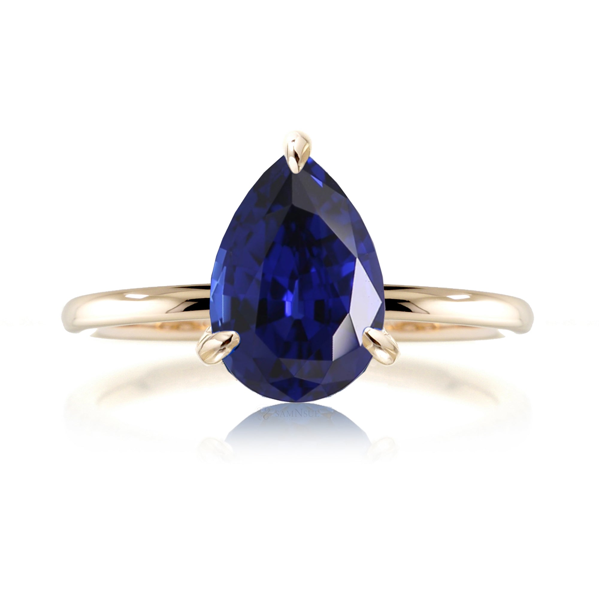 Pear cut blue sapphire solid band engagement ring yellow gold - the Ava