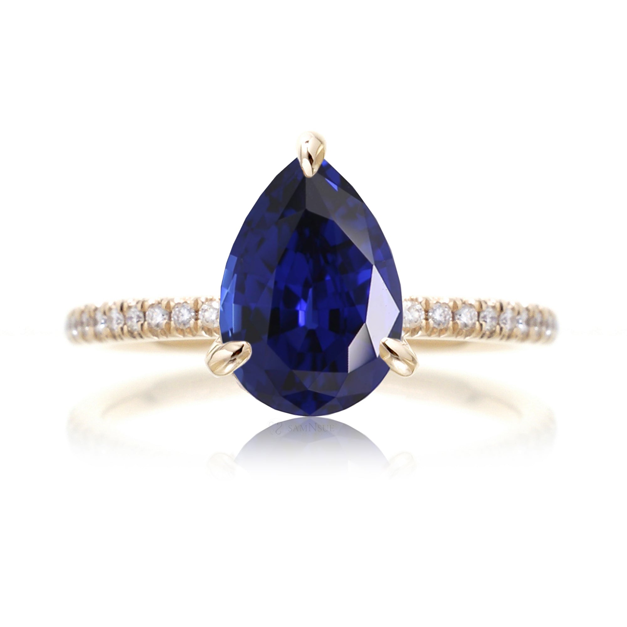 Pear cut blue sapphire diamond band engagement ring yellow gold - the Ava