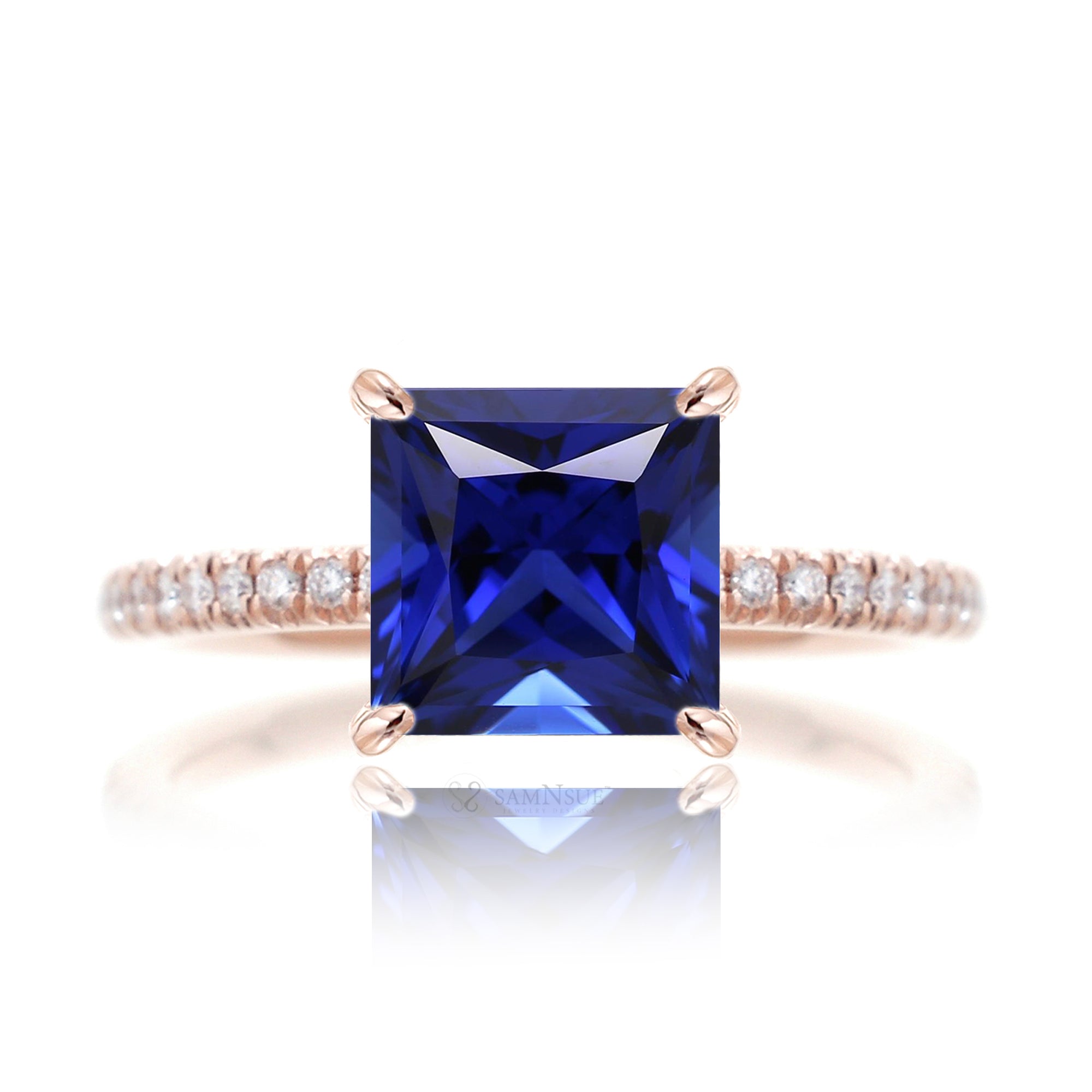 Princess cut blue sapphire diamond engagement ring rose gold - the Ava
