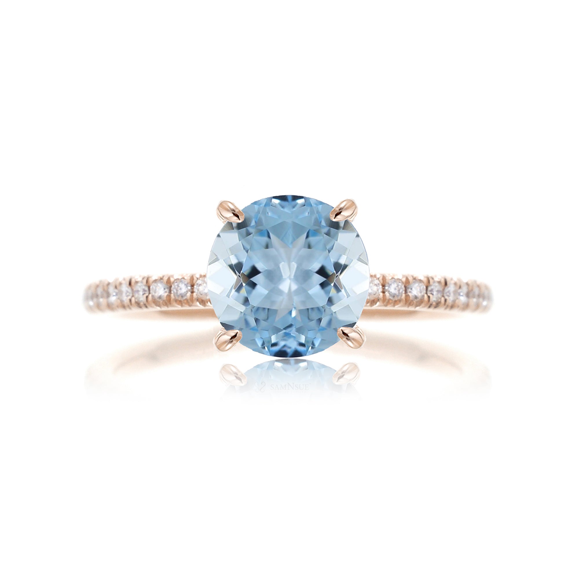 Round cut aquamarine diamond band engagement ring rose gold with diamonds on prongs