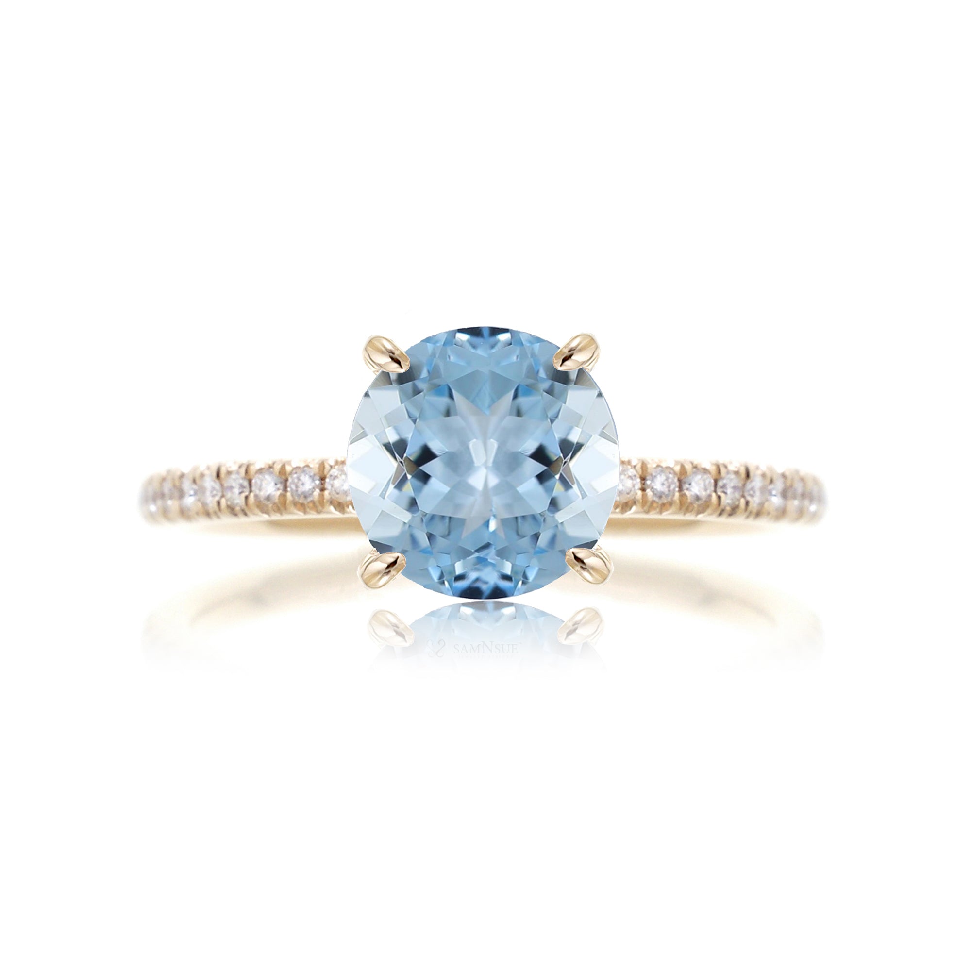 Round cut aquamarine diamond band engagement ring yellow gold with diamonds on prongs