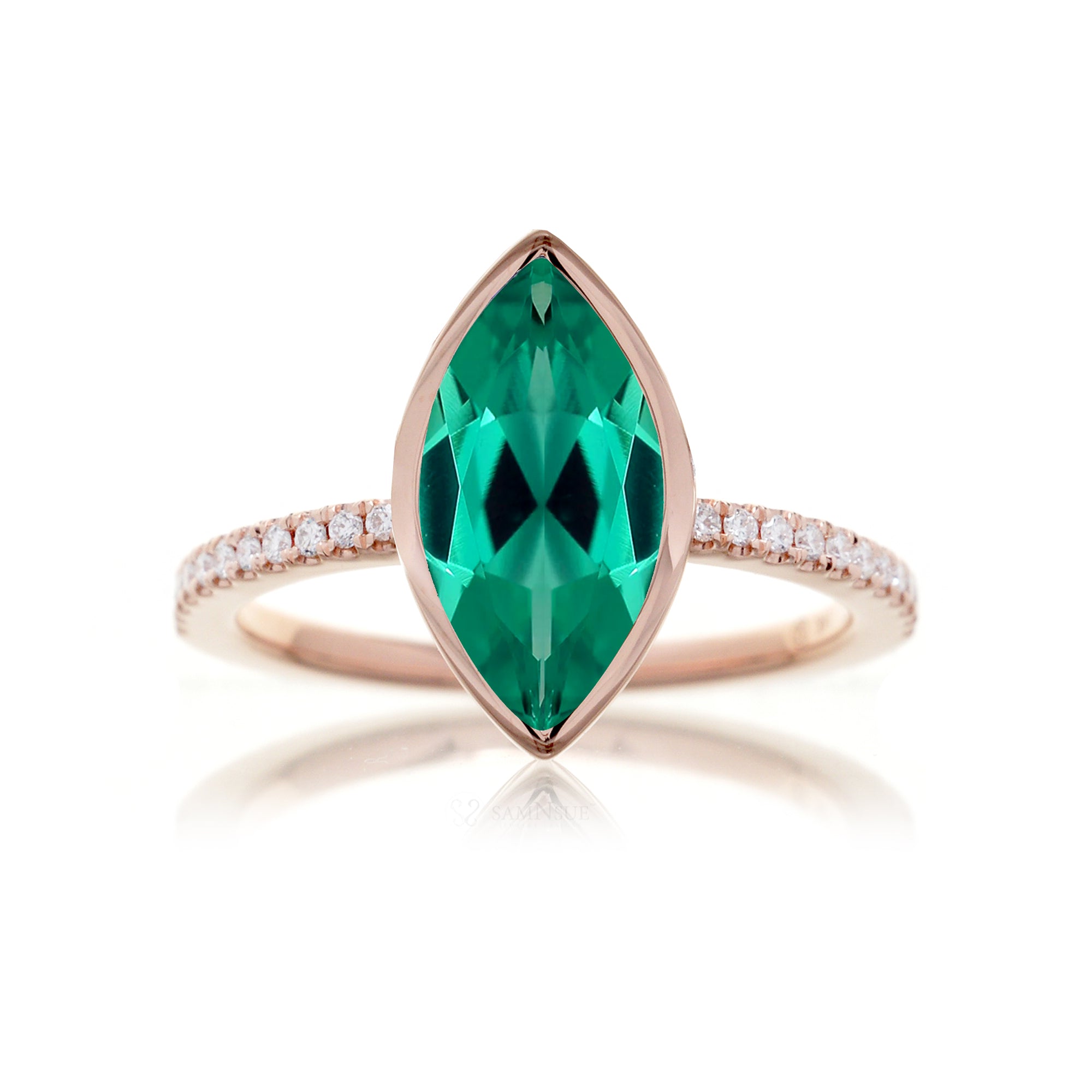 Marquise cut green emerald bezel solitaire diamond ring The Beverly rose gold