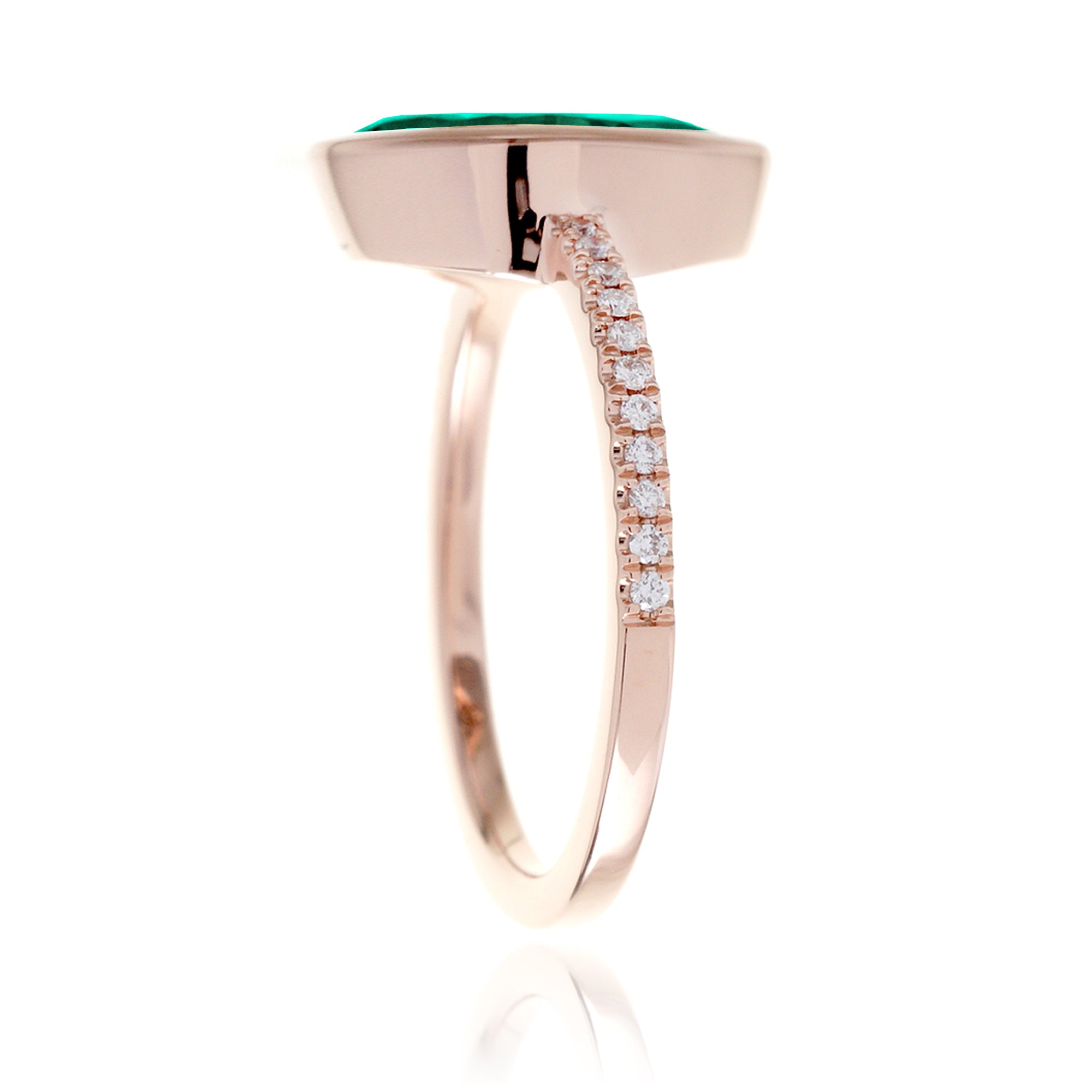 Marquise cut green emerald bezel solitaire diamond ring The Beverly rose gold