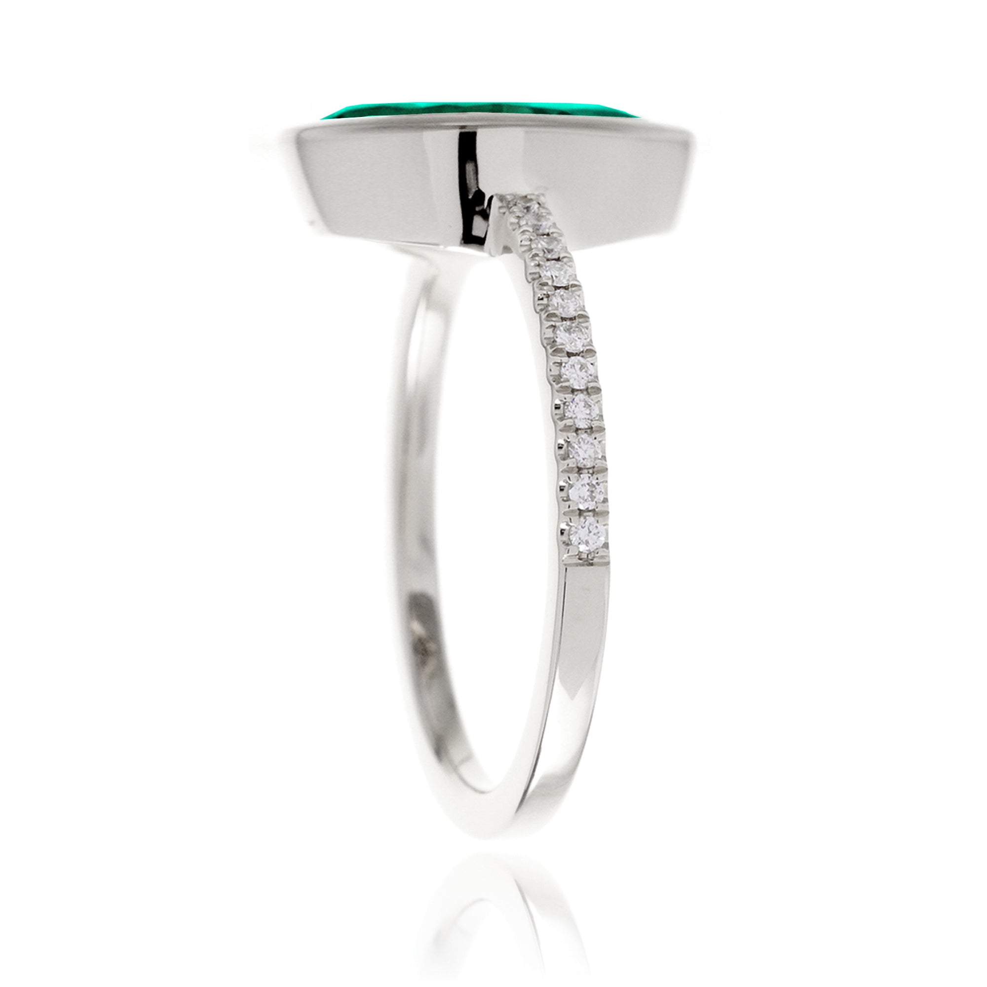 Marquise cut green emerald bezel solitaire diamond ring The Beverly white gold
