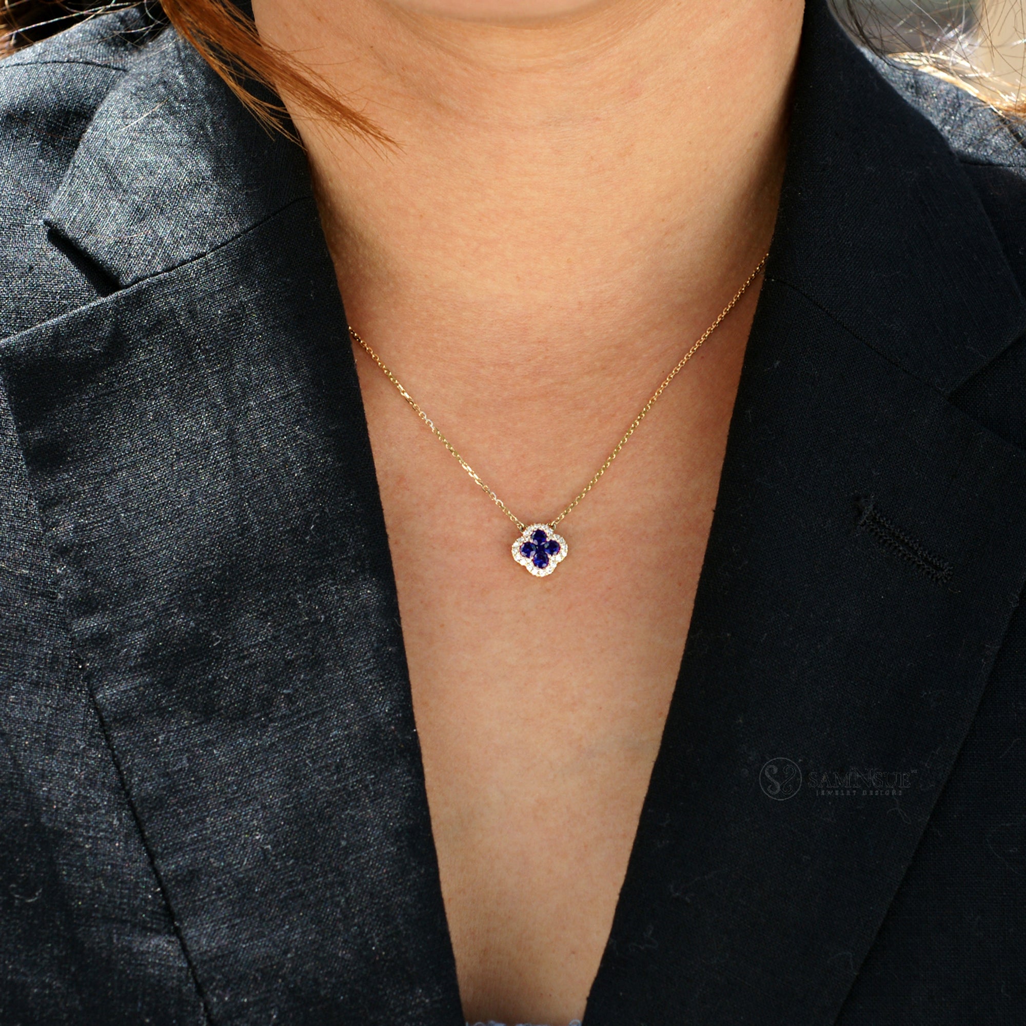 Clover Cluster Blue Sapphire Diamond Necklace