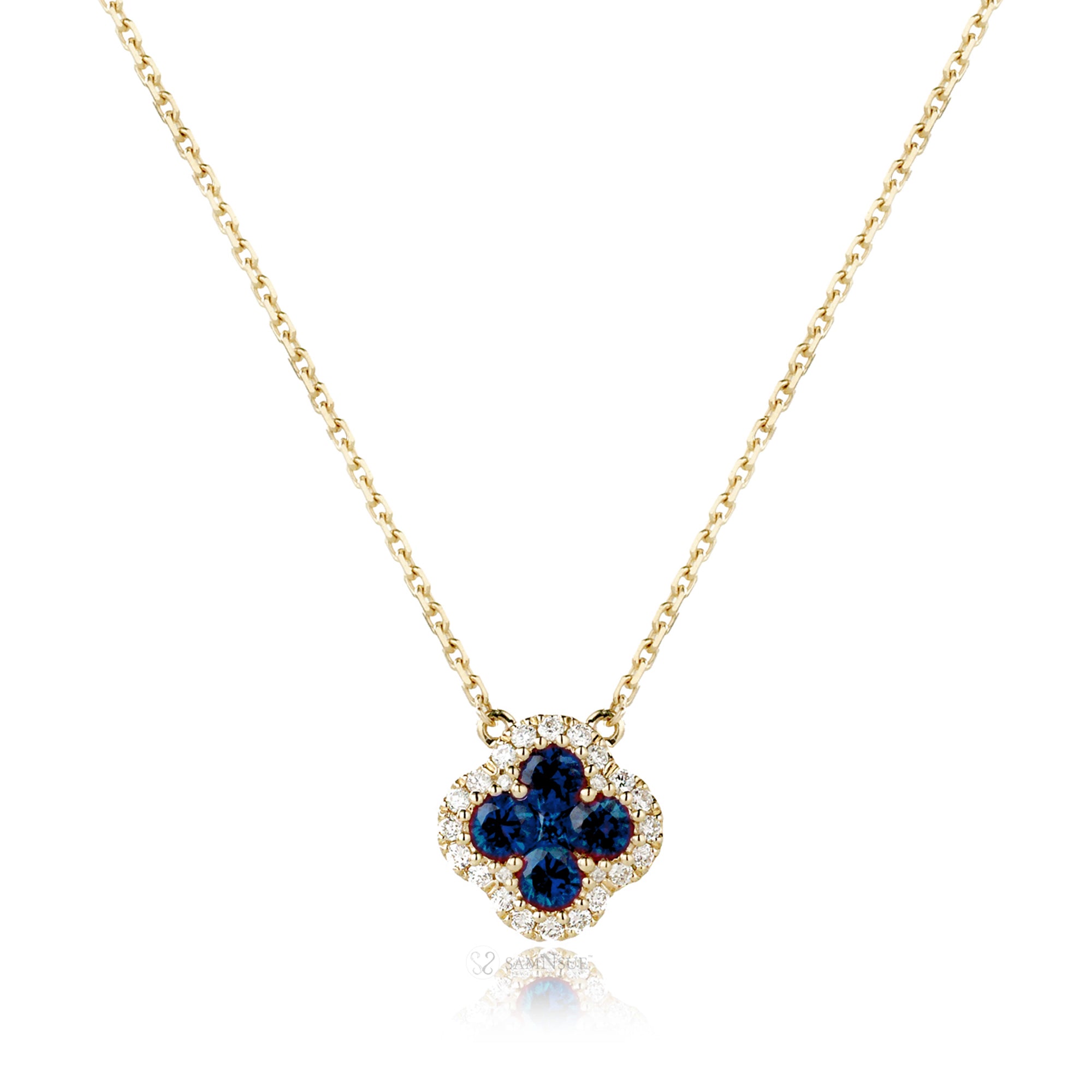 Clover Cluster Blue Sapphire Diamond Necklace