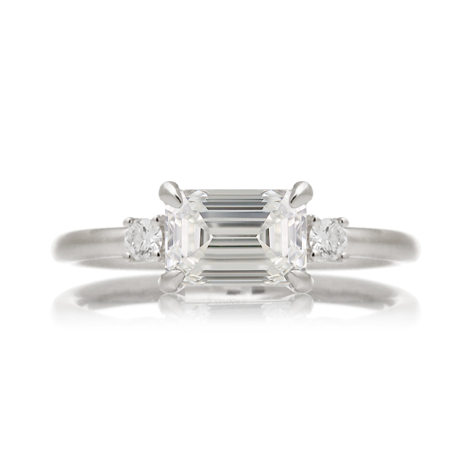 east-west emerald cut diamond three stone ring the Lena white gold