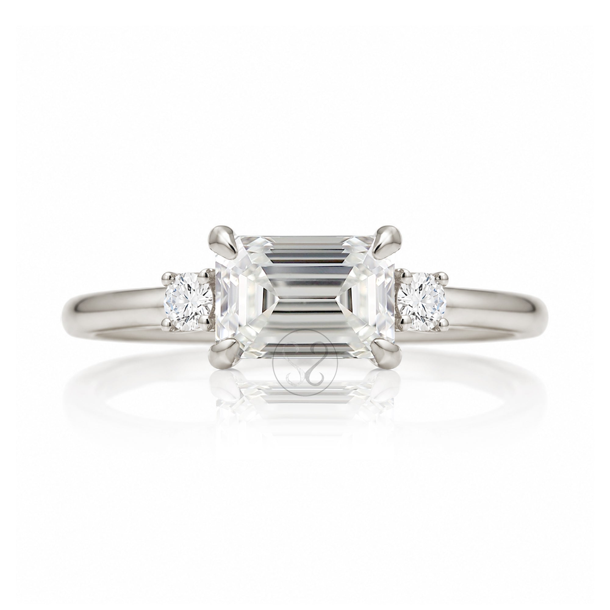 east-west emerald cut diamond three stone ring the Lena white gold