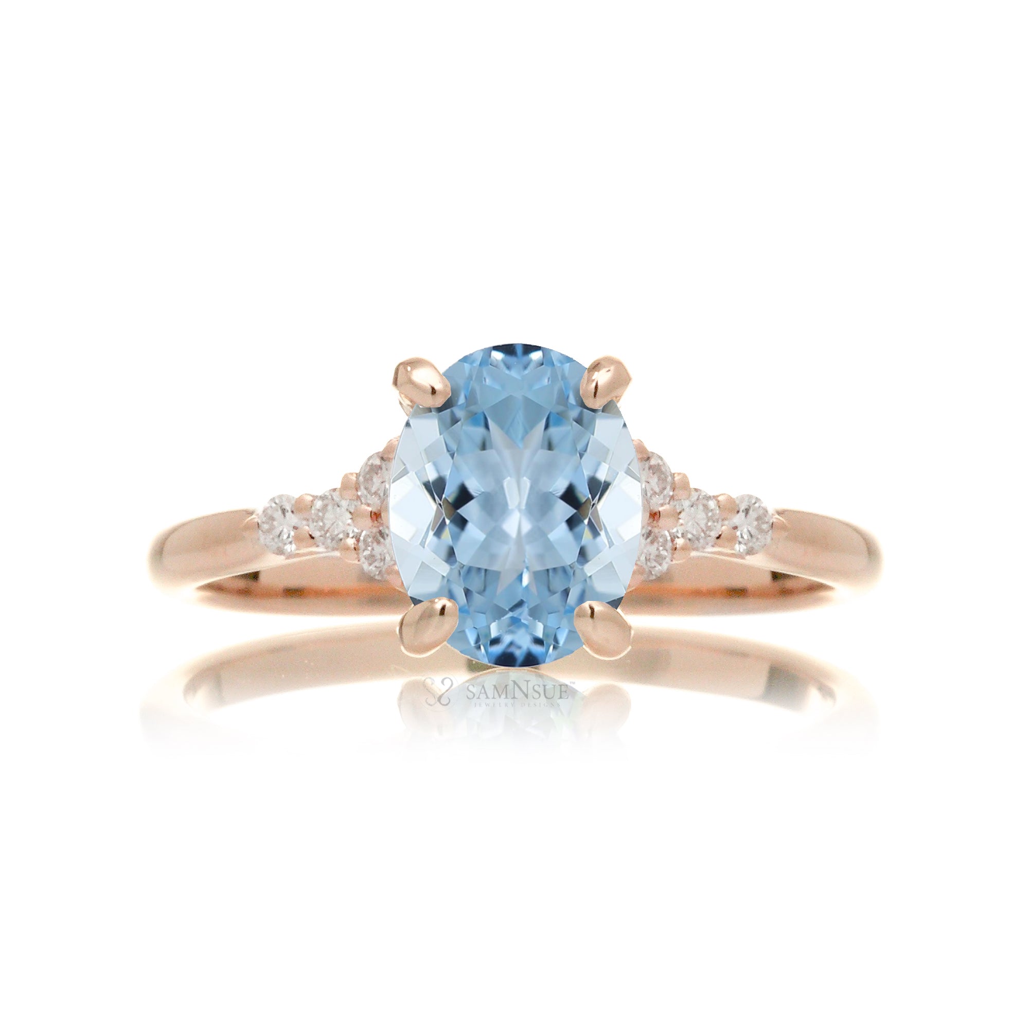 Oval aquamarine ring in rose gold with side diamonds all natural - the Chloe ring