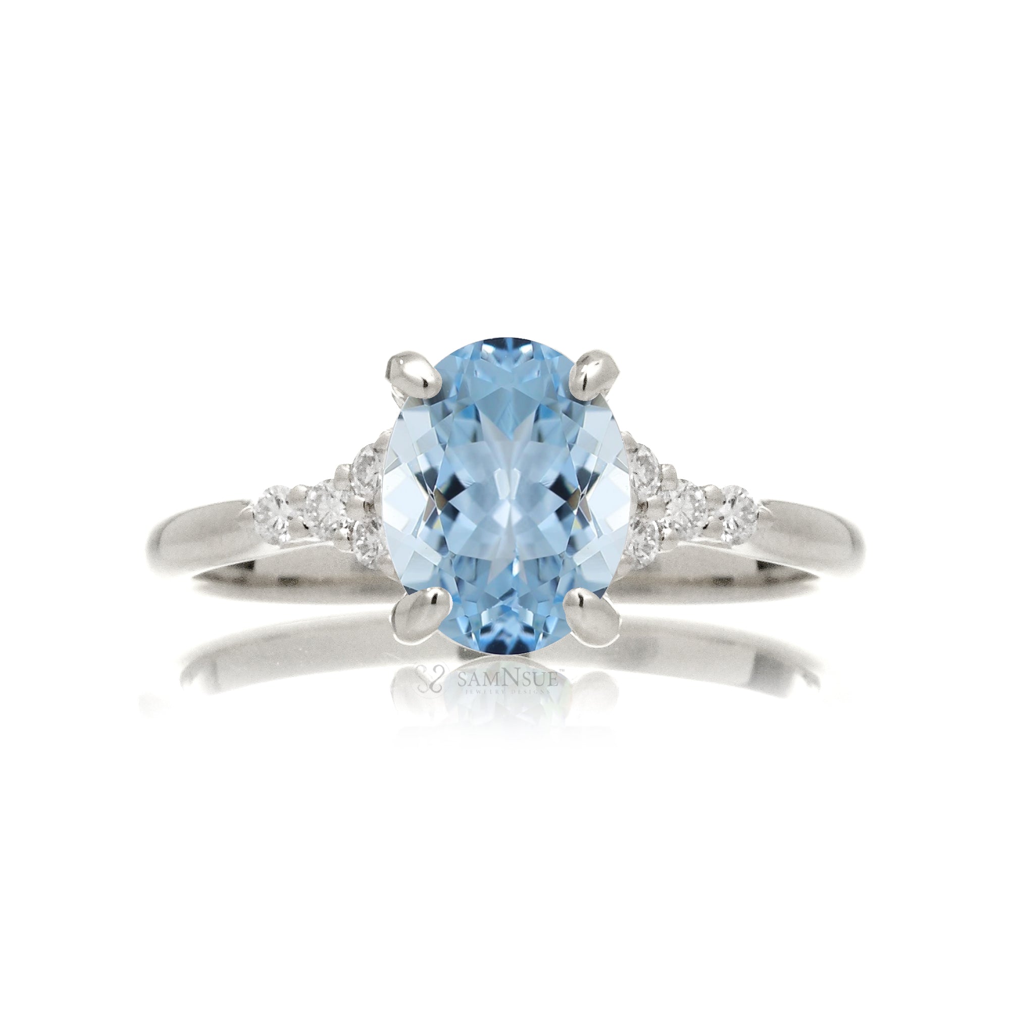 Oval aquamarine ring in white gold with side diamonds all natural - the Chloe ring