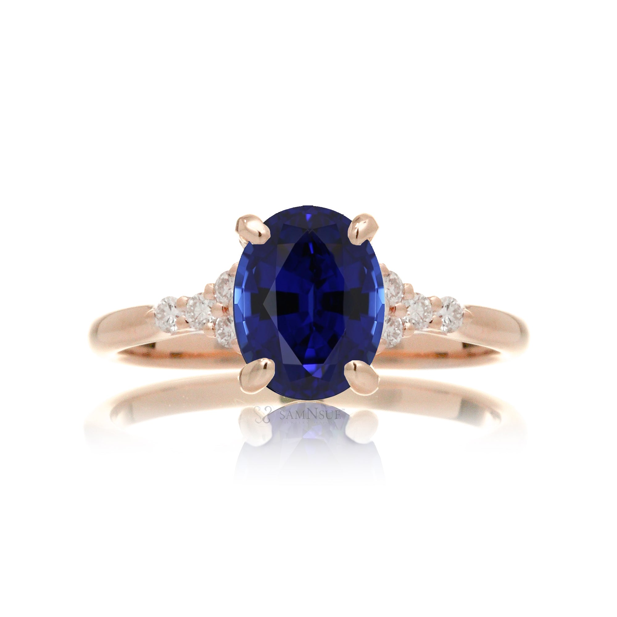 Oval blue sapphire ring in rose gold with side diamonds all natural - the Chloe ring